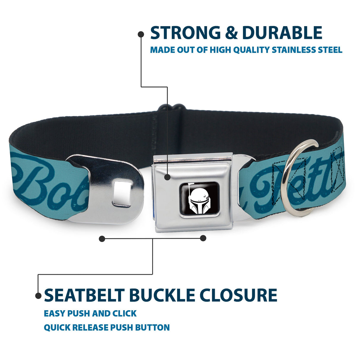 Star Wars Boba Fett Helmet Logo Full Color Black/White Seatbelt Buckle Collar - Star Wars BOBA FETT Script and Logo Blues/Red