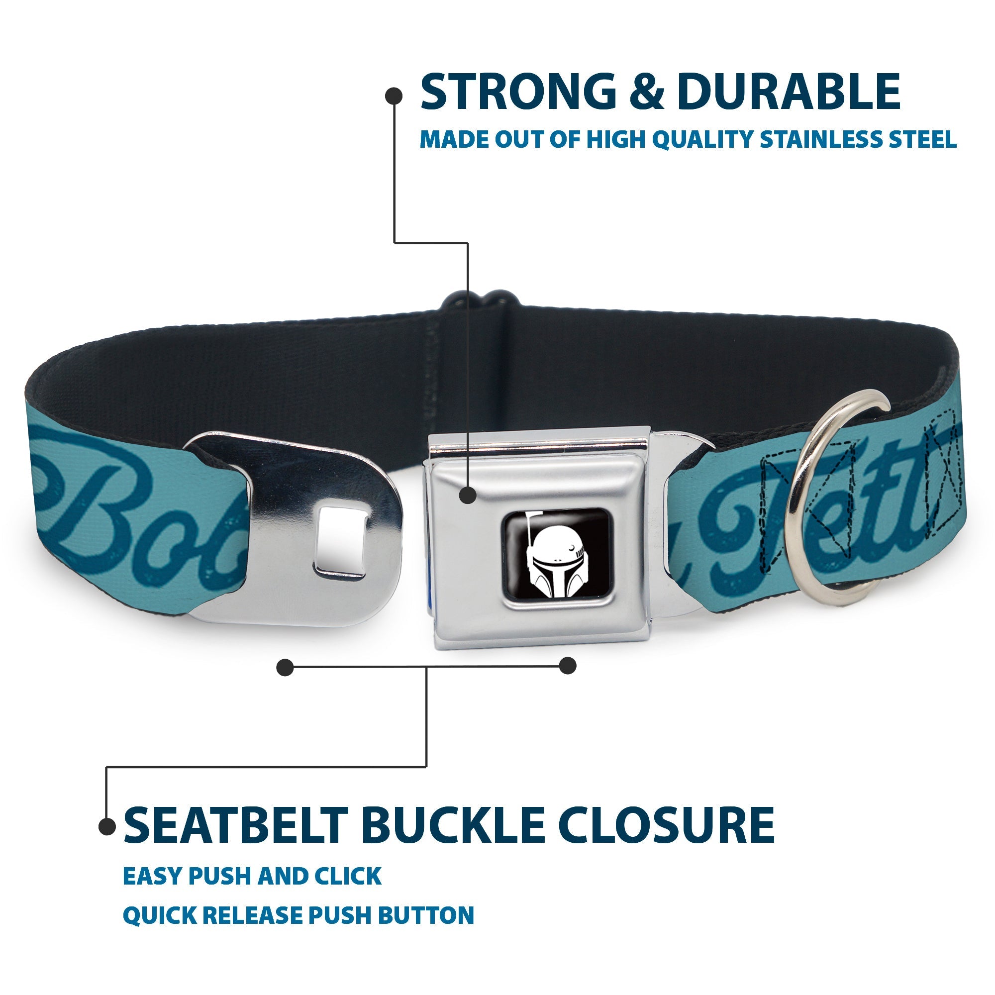 Star Wars Boba Fett Helmet Logo Full Color Black/White Seatbelt Buckle Collar - Star Wars BOBA FETT Script and Logo Blues/Red