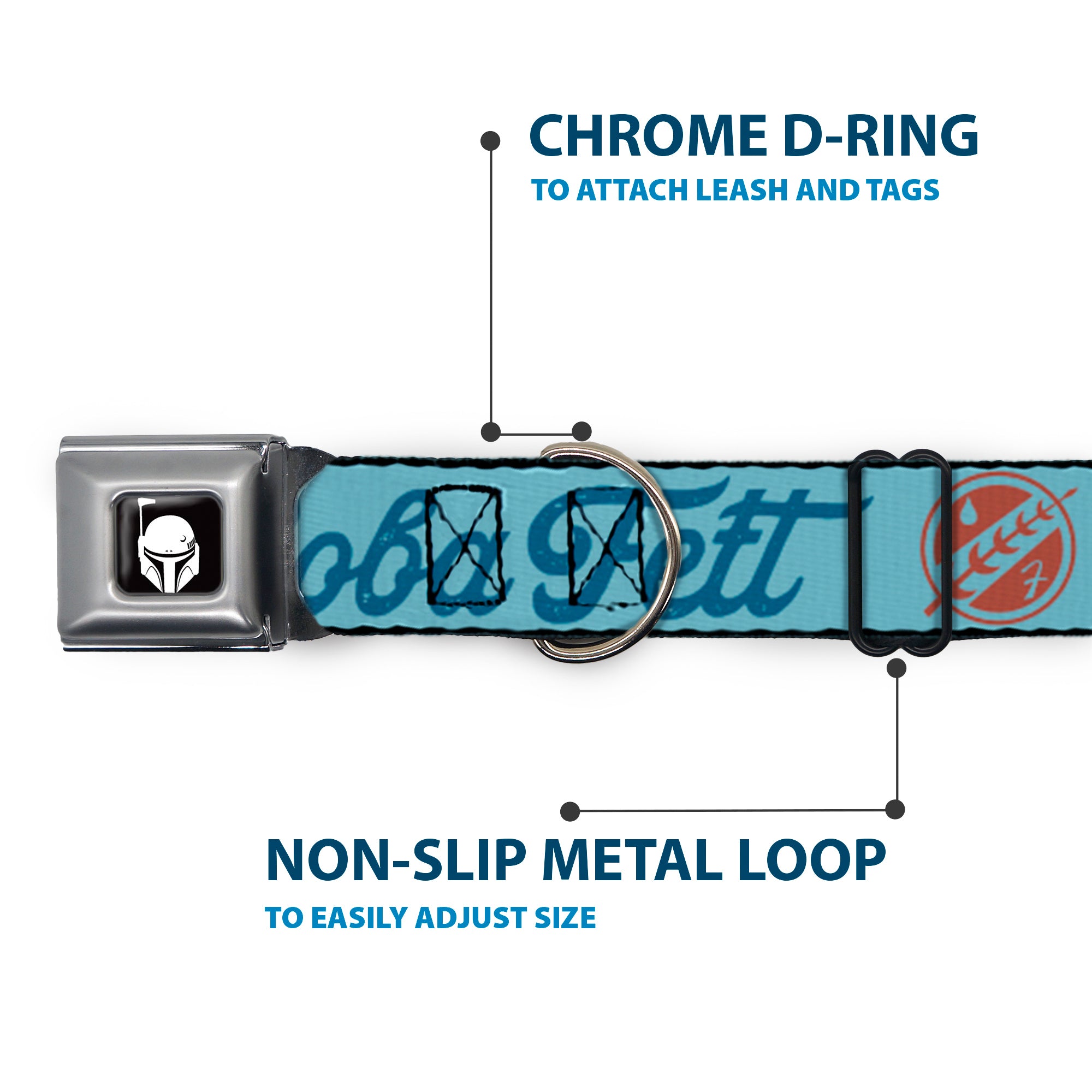 Star Wars Boba Fett Helmet Logo Full Color Black/White Seatbelt Buckle Collar - Star Wars BOBA FETT Script and Logo Blues/Red