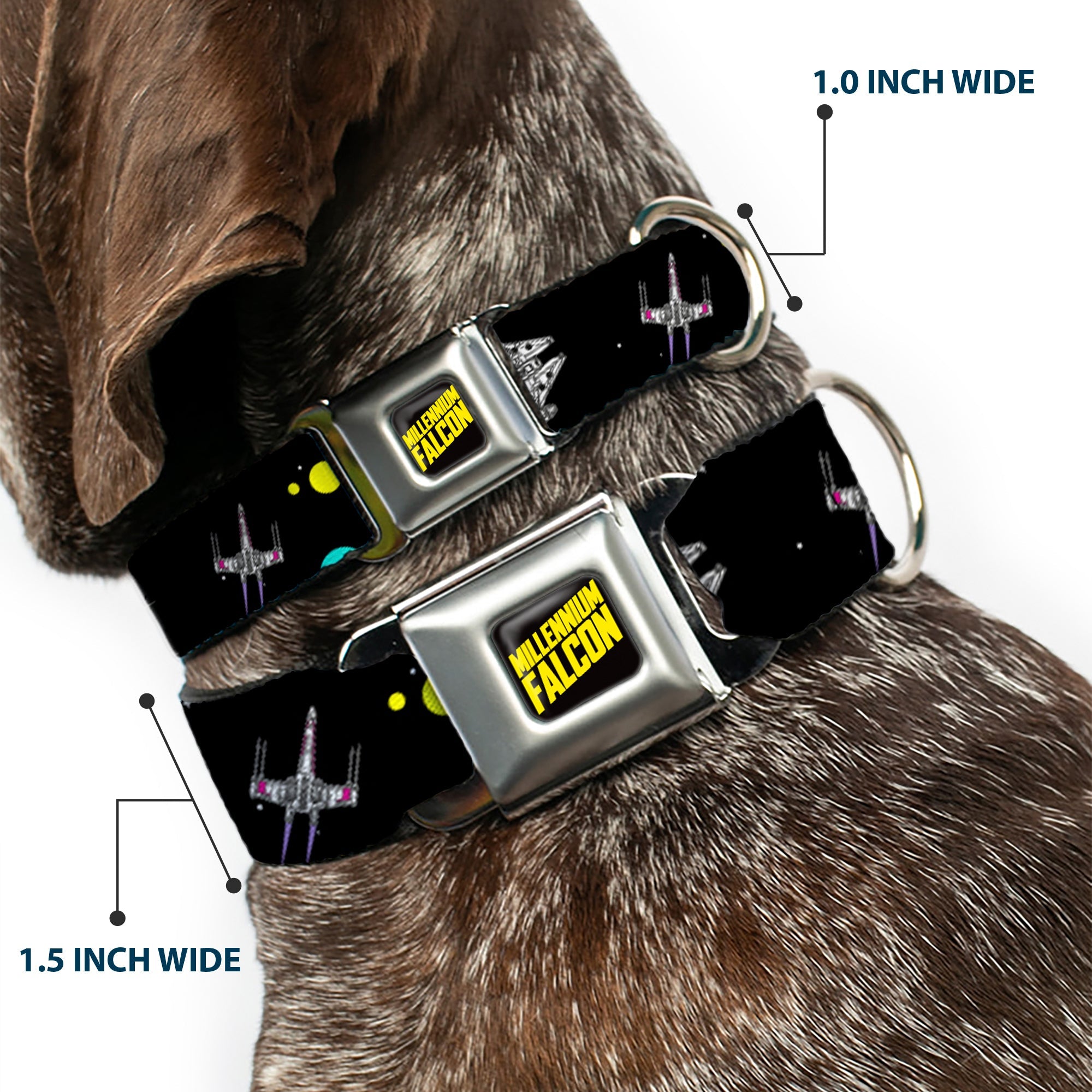 Star Wars MILLINNIUM FALCON Text Full Color Black/Yellow Seatbelt Buckle Collar - Star Wars Death Star Millennium Falcon and X-Wing Fighter in Space Black