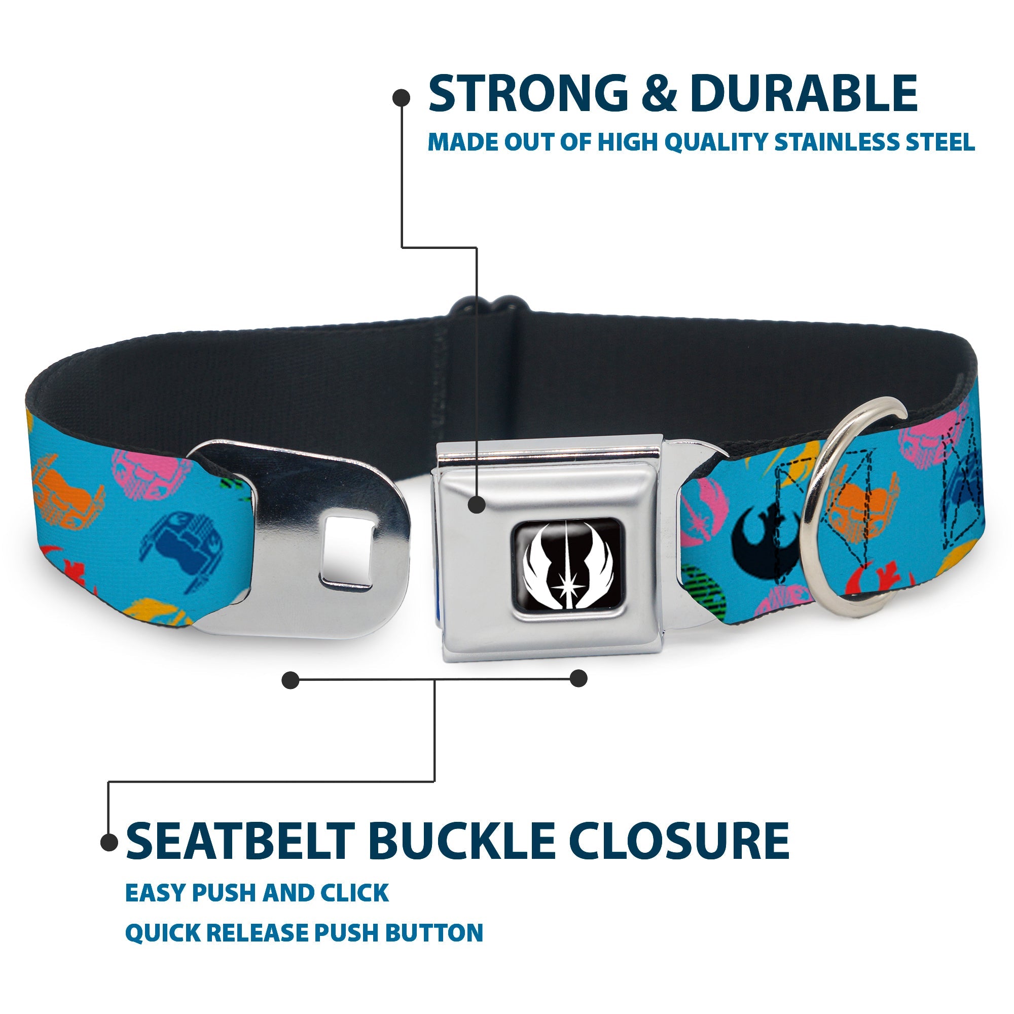 Star Wars Jedi Order Icon Full Color Black/White Seatbelt Buckle Collar - Star Wars Jedi Order and Rebel Alliance Icons Scattered Blue/Multi Color