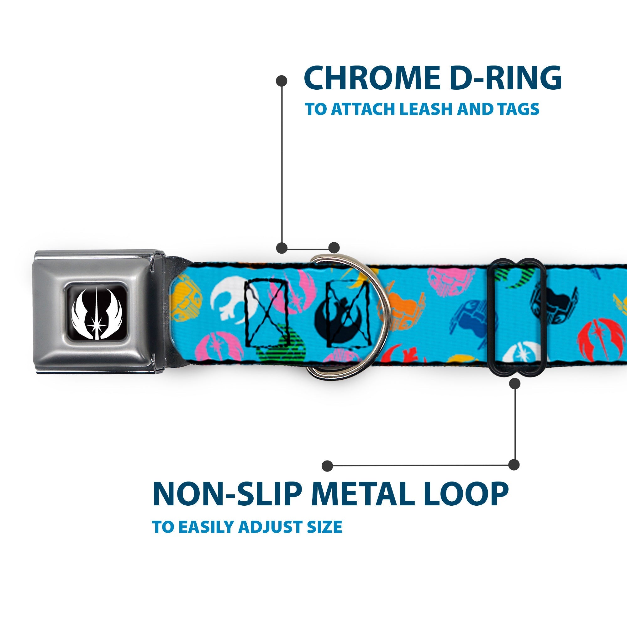 Star Wars Jedi Order Icon Full Color Black/White Seatbelt Buckle Collar - Star Wars Jedi Order and Rebel Alliance Icons Scattered Blue/Multi Color