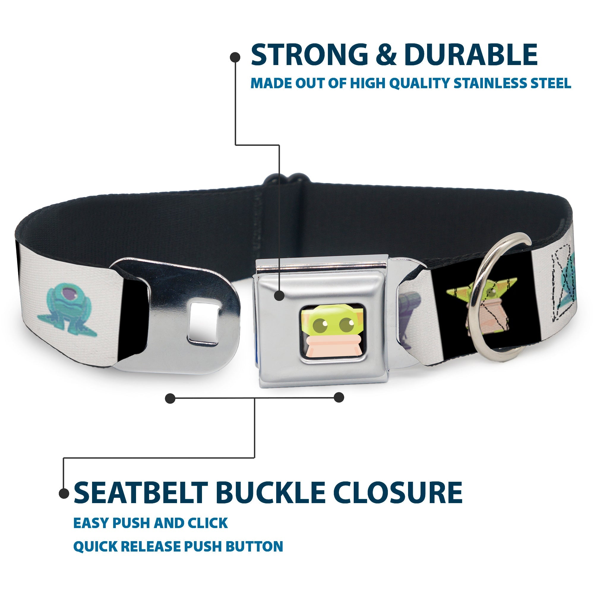 Star Wars Grogu Face Close-Up Full Color Black Seatbelt Buckle Collar - Star Wars Mandalorian 4-Character Pose Blocks