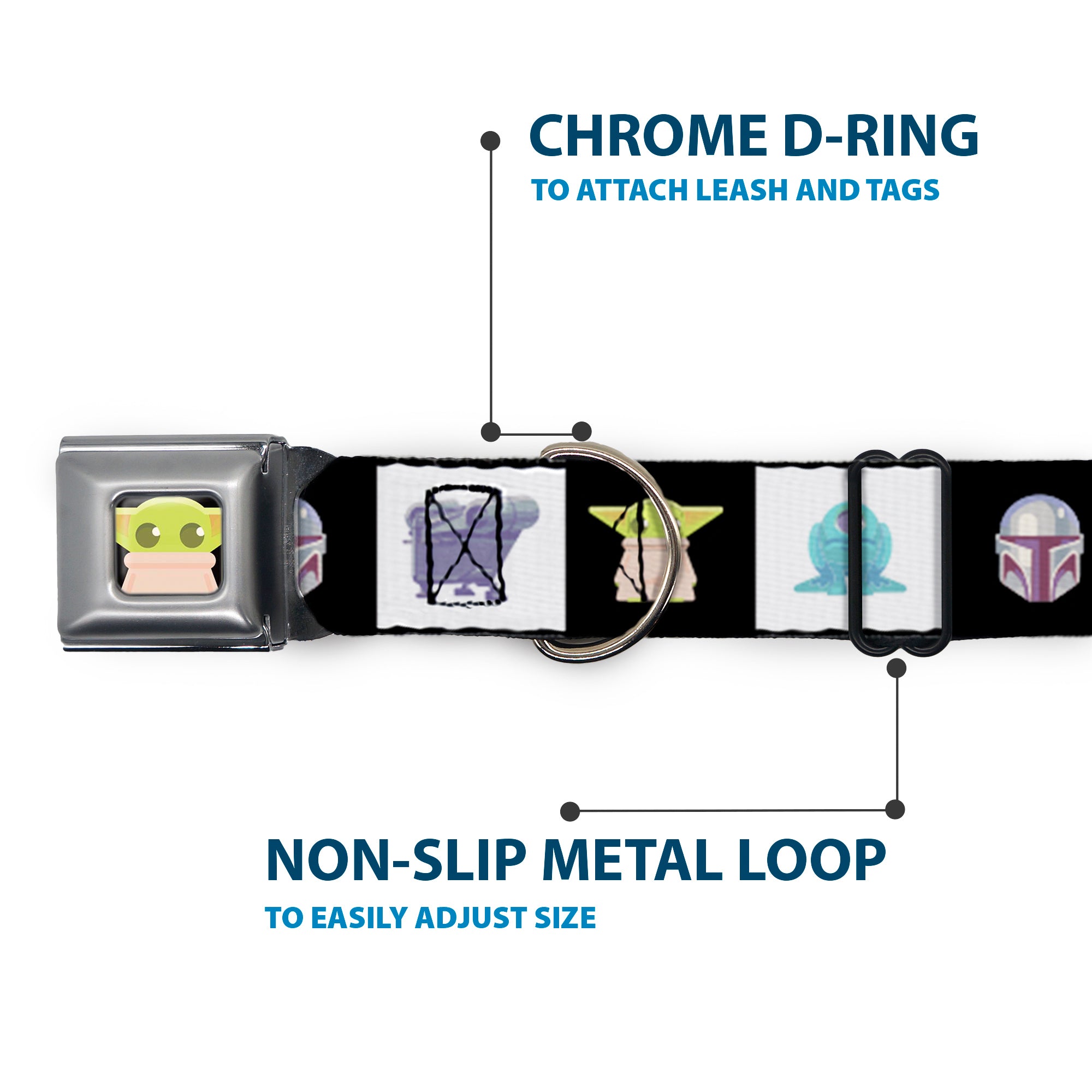 Star Wars Grogu Face Close-Up Full Color Black Seatbelt Buckle Collar - Star Wars Mandalorian 4-Character Pose Blocks