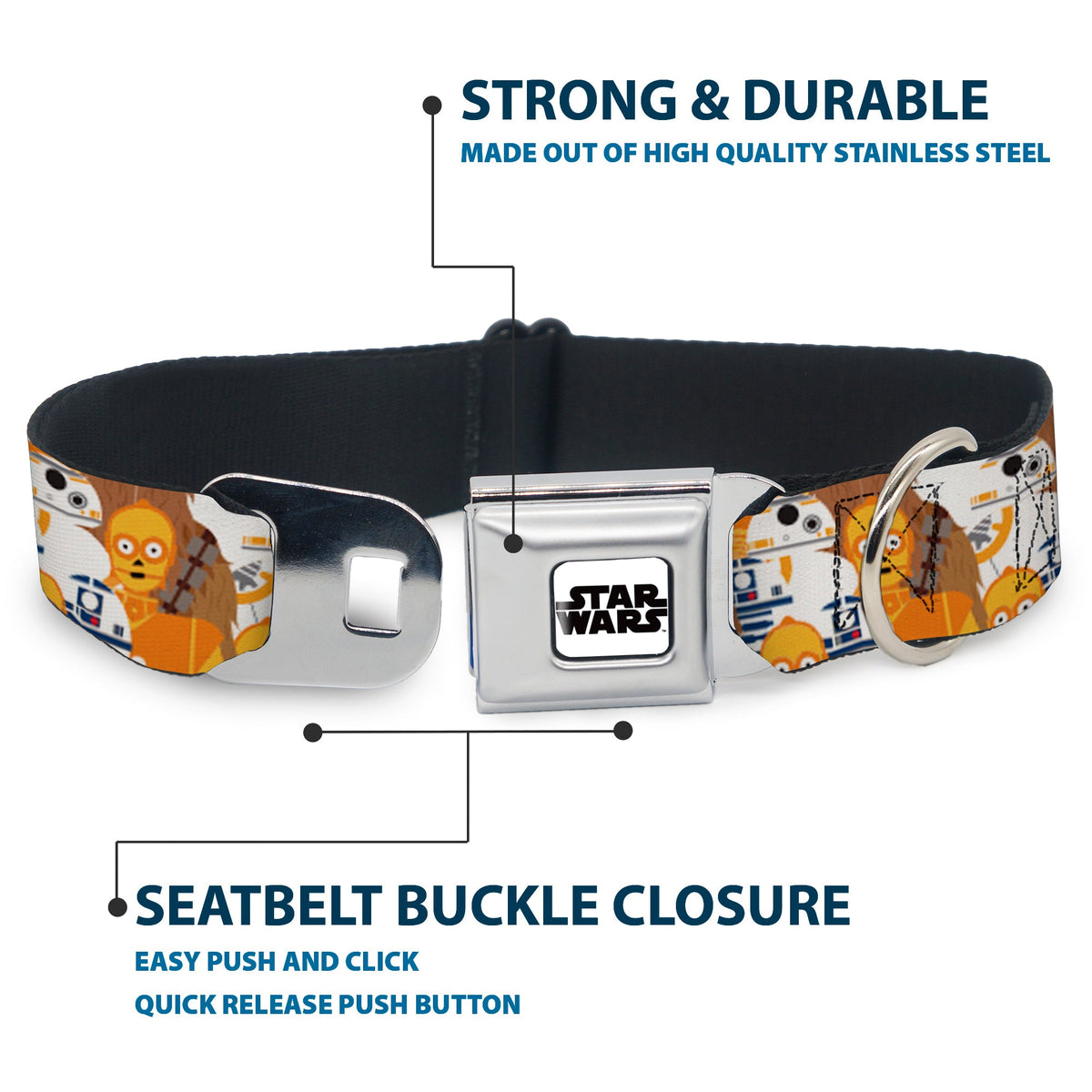 STAR WARS Logo Full Color White/Black Seatbelt Buckle Collar - Star Wars 5-Character Poses Stacked