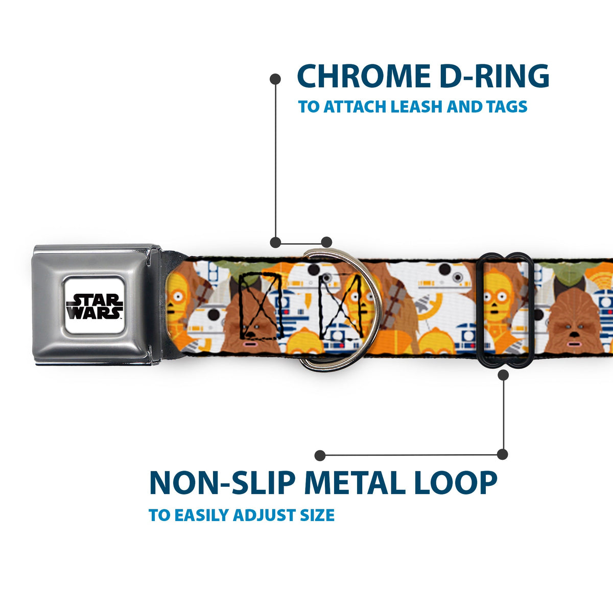 STAR WARS Logo Full Color White/Black Seatbelt Buckle Collar - Star Wars 5-Character Poses Stacked