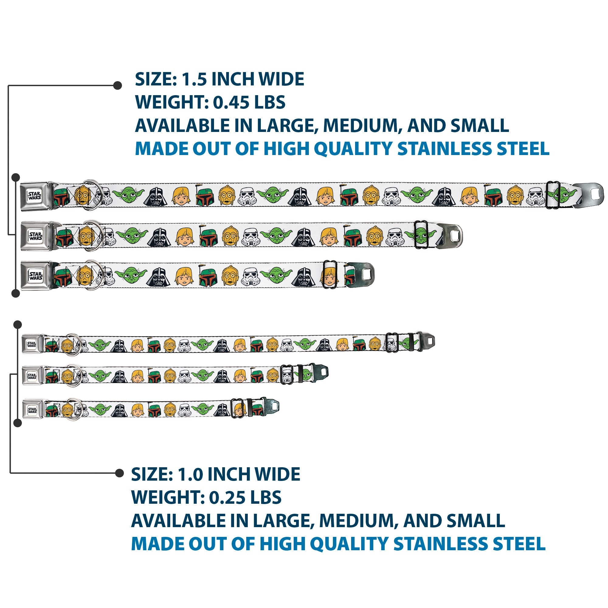 STAR WARS Doodle Logo Full Color White/Black Seatbelt Buckle Collar - Star Wars 6-Character Faces White