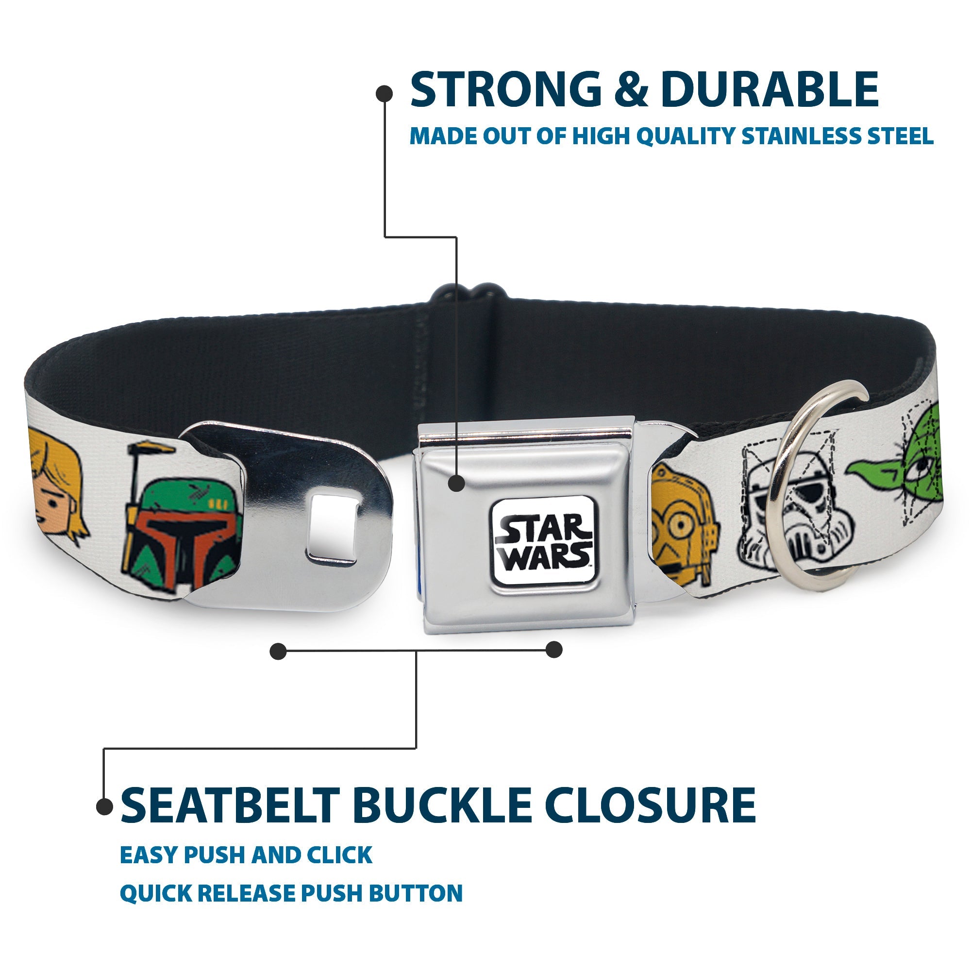 STAR WARS Doodle Logo Full Color White/Black Seatbelt Buckle Collar - Star Wars 6-Character Faces White