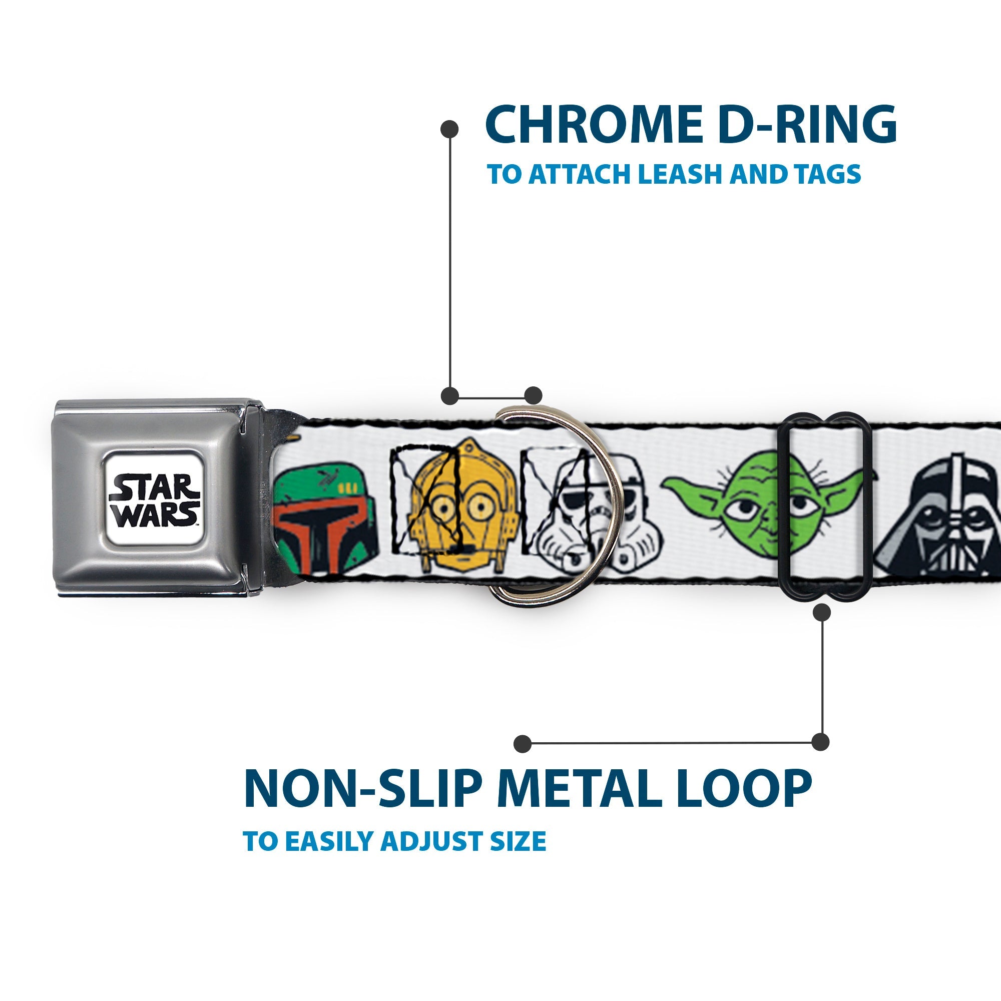 STAR WARS Doodle Logo Full Color White/Black Seatbelt Buckle Collar - Star Wars 6-Character Faces White