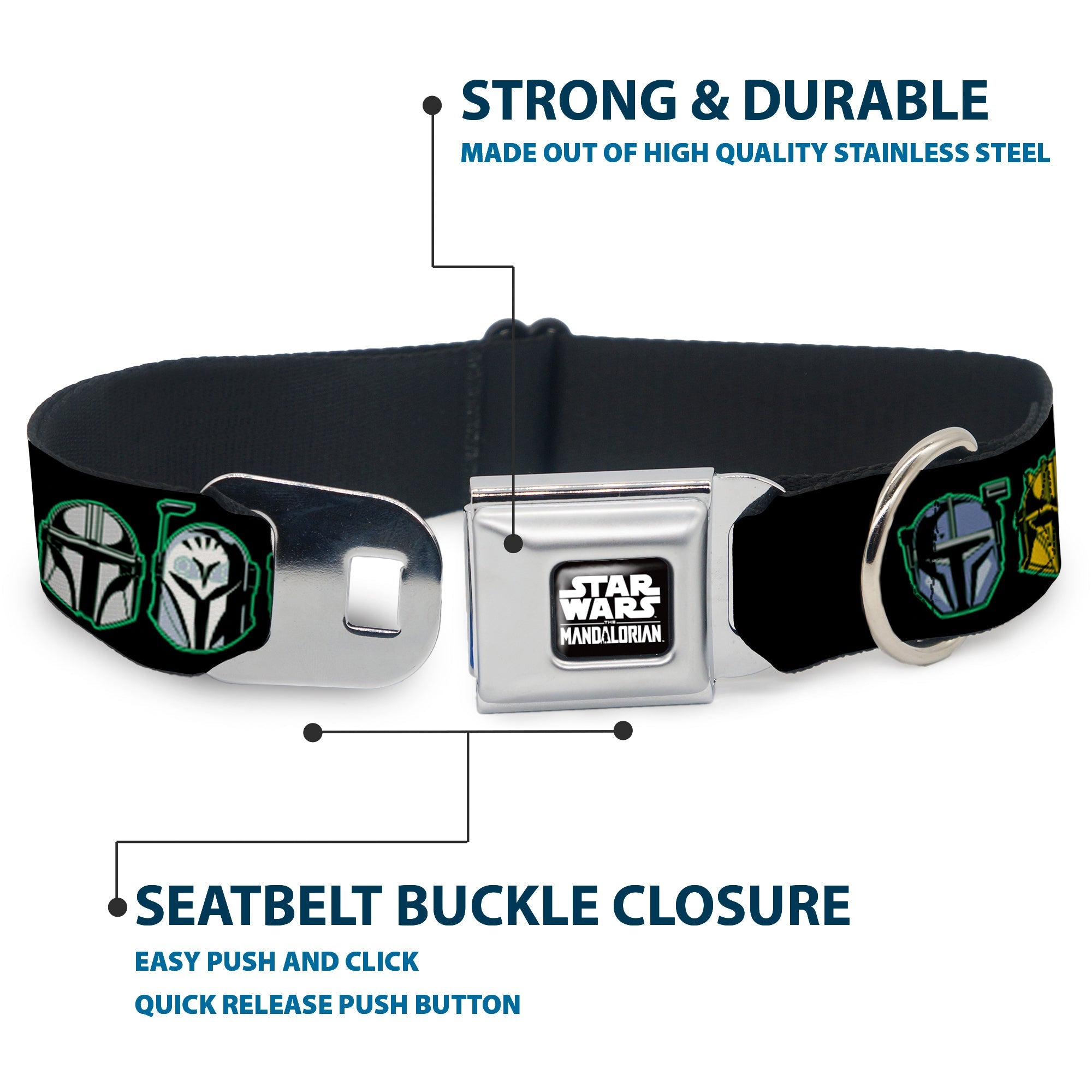 STAR THE MANDALORAIN Title Logo Full Color Black/White Seatbelt Buckle Collar - Star Wars the Mandalorian Helmets Black/Multi Color