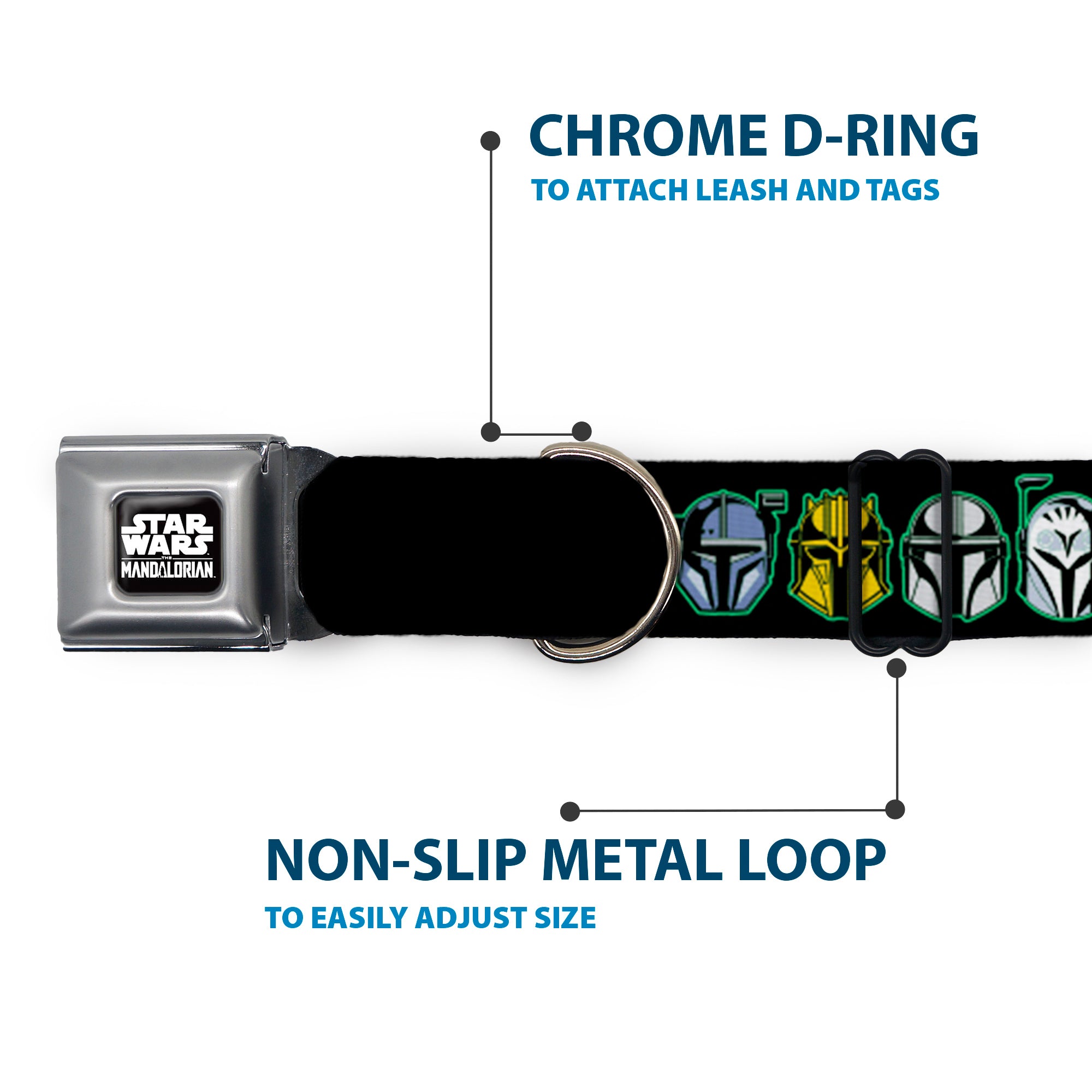 STAR THE MANDALORAIN Title Logo Full Color Black/White Seatbelt Buckle Collar - Star Wars the Mandalorian Helmets Black/Multi Color