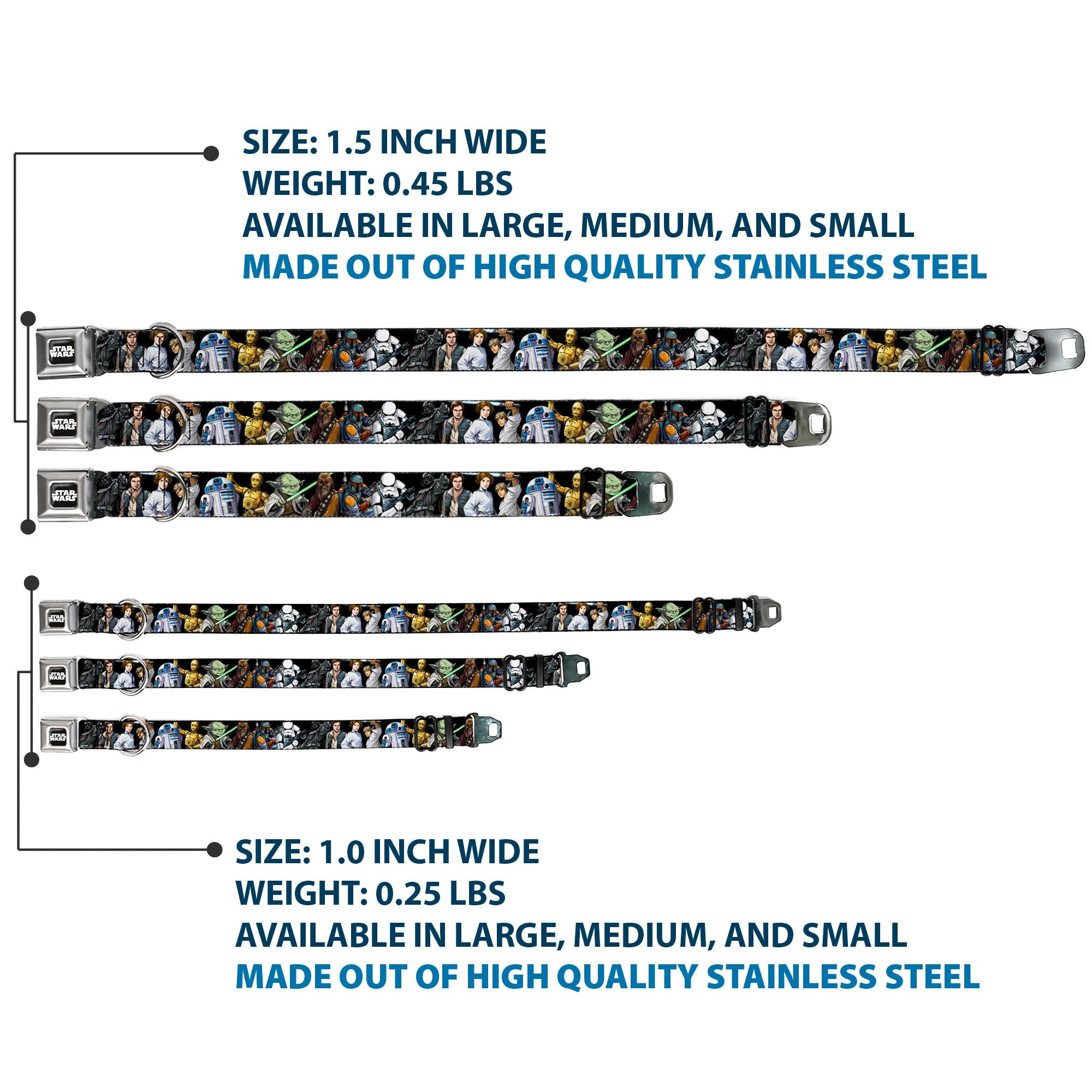 STAR WARS Logo Full Color Black/White Seatbelt Buckle Collar - Star Wars Classic Character Poses Black