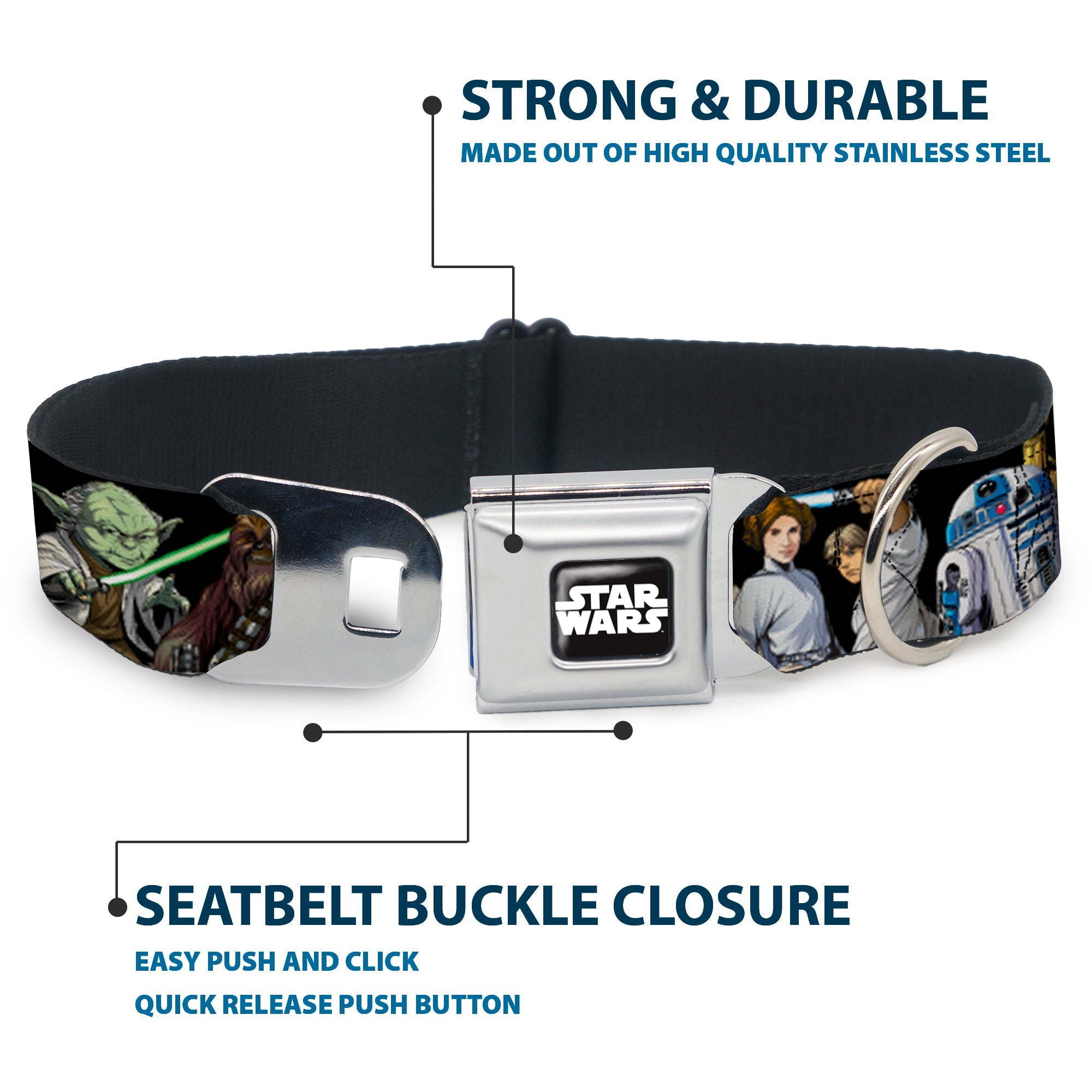 STAR WARS Logo Full Color Black/White Seatbelt Buckle Collar - Star Wars Classic Character Poses Black