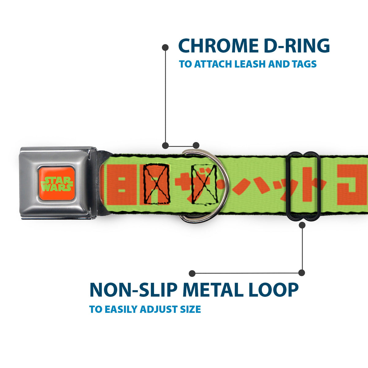 STAR WARS Logo Full Color Orange/Green Seatbelt Buckle Collar - Star Wars JABBA THE HUTT Text and Characters Green/Orange