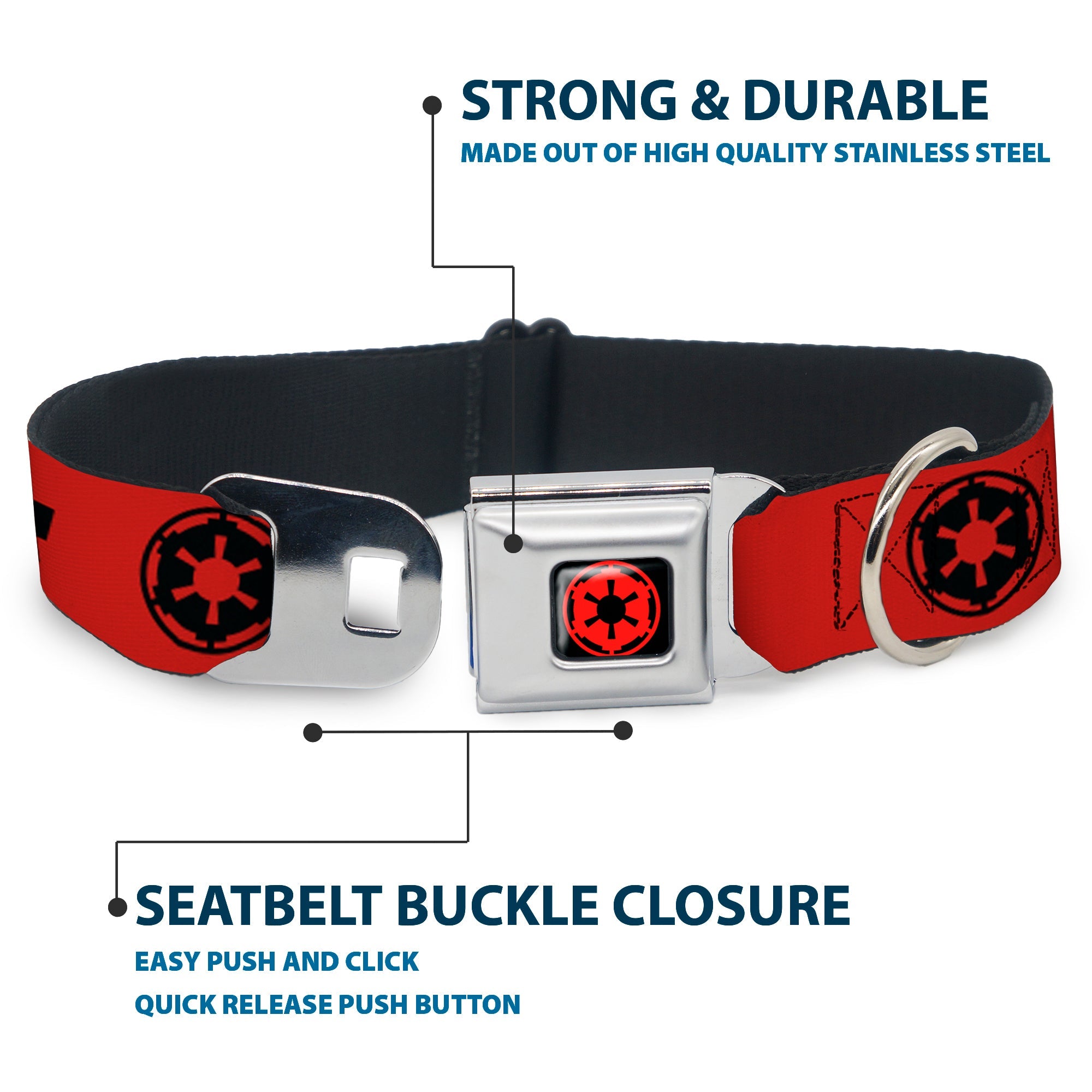 Star Wars Galactic Empire Insignia Full Color Black/Red Seatbelt Buckle Collar - Star Wars DARTH VADER Text and Galactic Empire Logo Red/Black