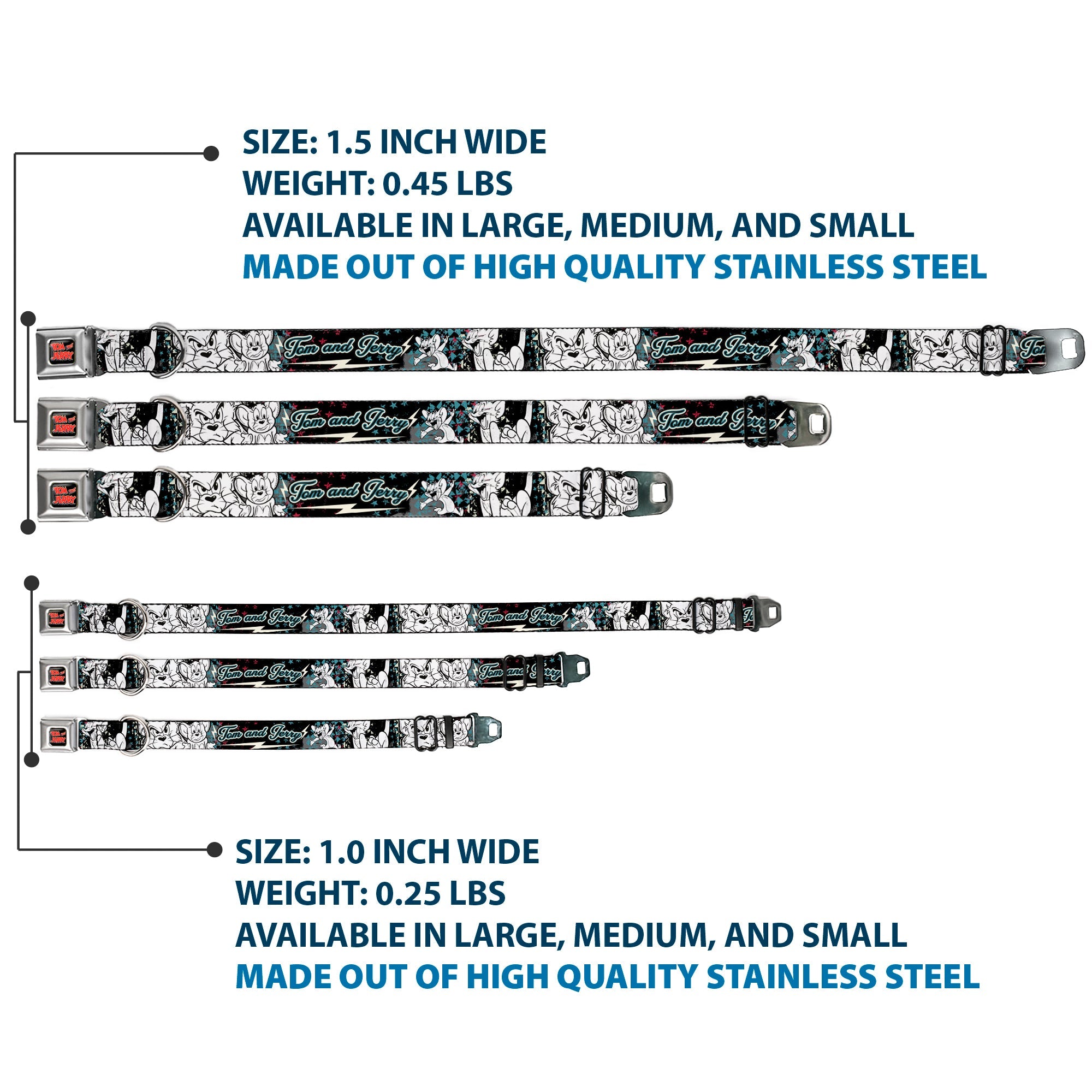 Tom and Jerry Logo Full Color Black Red Seatbelt Buckle Collar - TOM & JERRY Face & Pose Sketch Black/White/Red/Blue