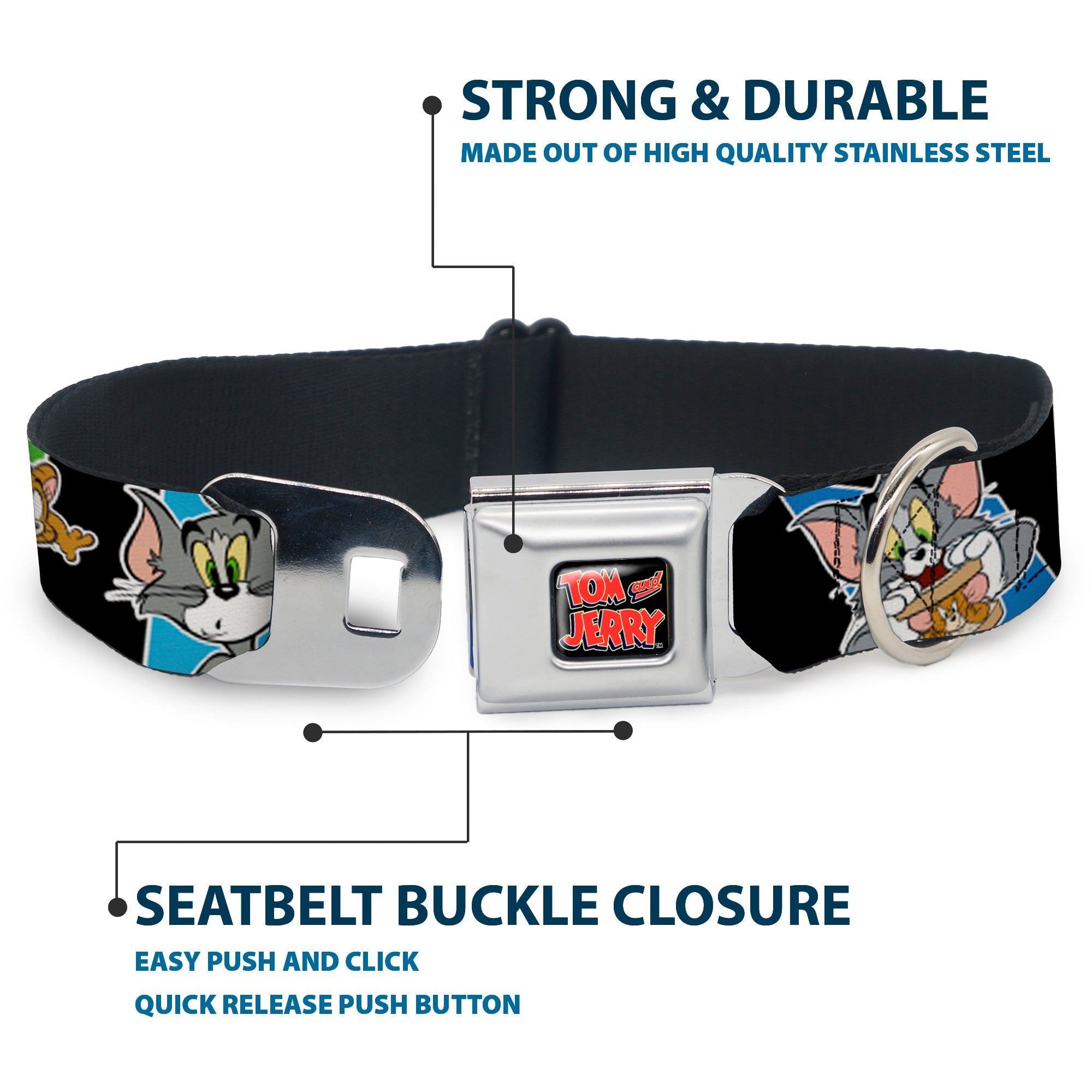 Tom and Jerry Logo Full Color Black Red Seatbelt Buckle Collar - TOM & JERRY Poses Black/Multi Color