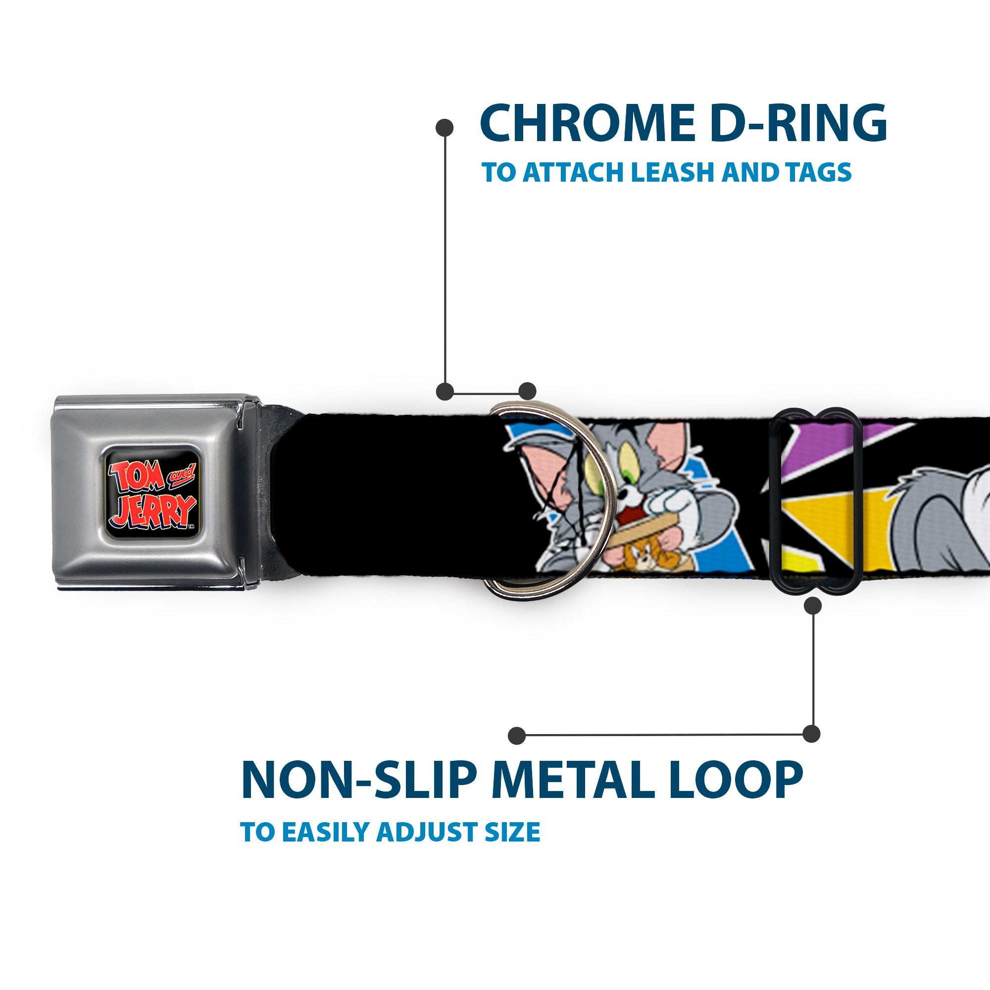 Tom and Jerry Logo Full Color Black Red Seatbelt Buckle Collar - TOM & JERRY Poses Black/Multi Color