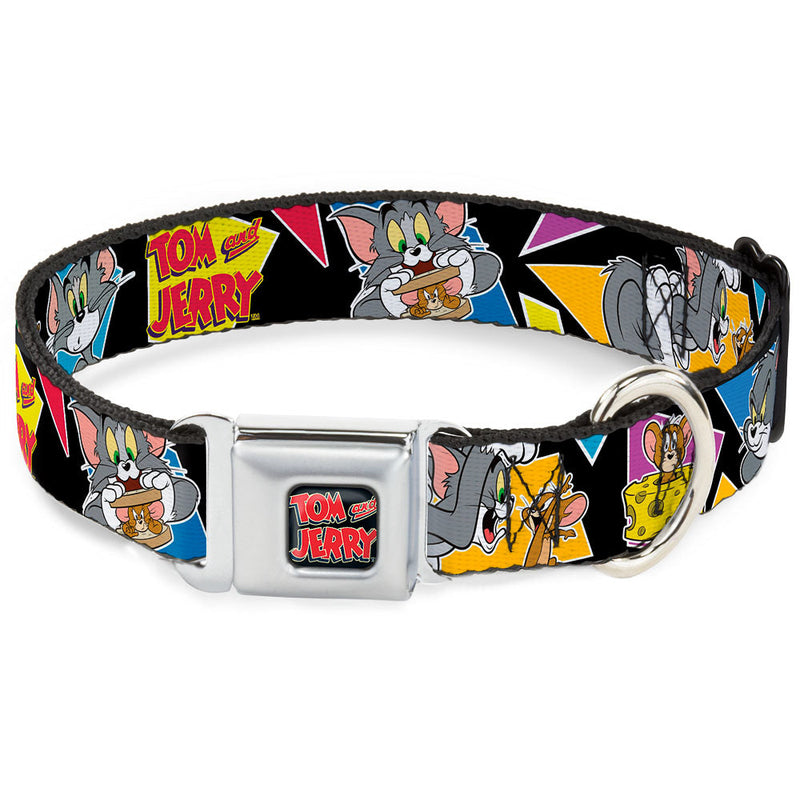 Tom and Jerry Logo Full Color Black Red Seatbelt Buckle Collar - TOM & JERRY Poses Black/Multi Color