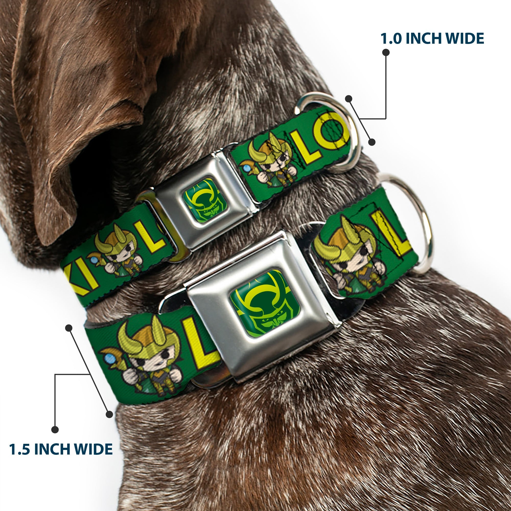 Loki Face Icon Full Color Yellow/Greens Seatbelt Buckle Collar - Kawaii LOKI Standing Pose/Text Green/Yellow