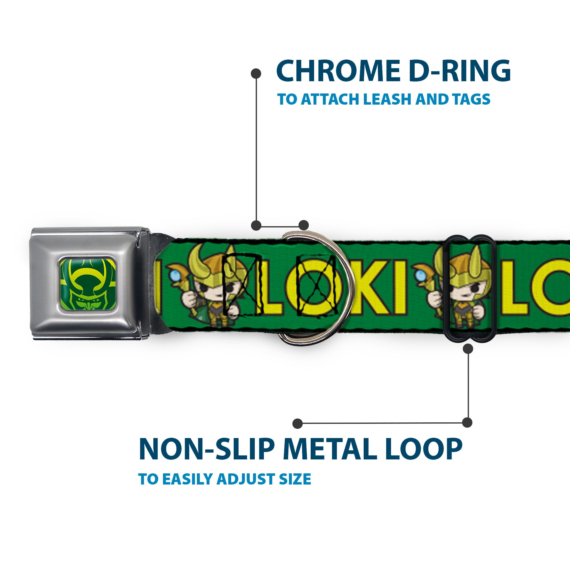 Loki Face Icon Full Color Yellow/Greens Seatbelt Buckle Collar - Kawaii LOKI Standing Pose/Text Green/Yellow