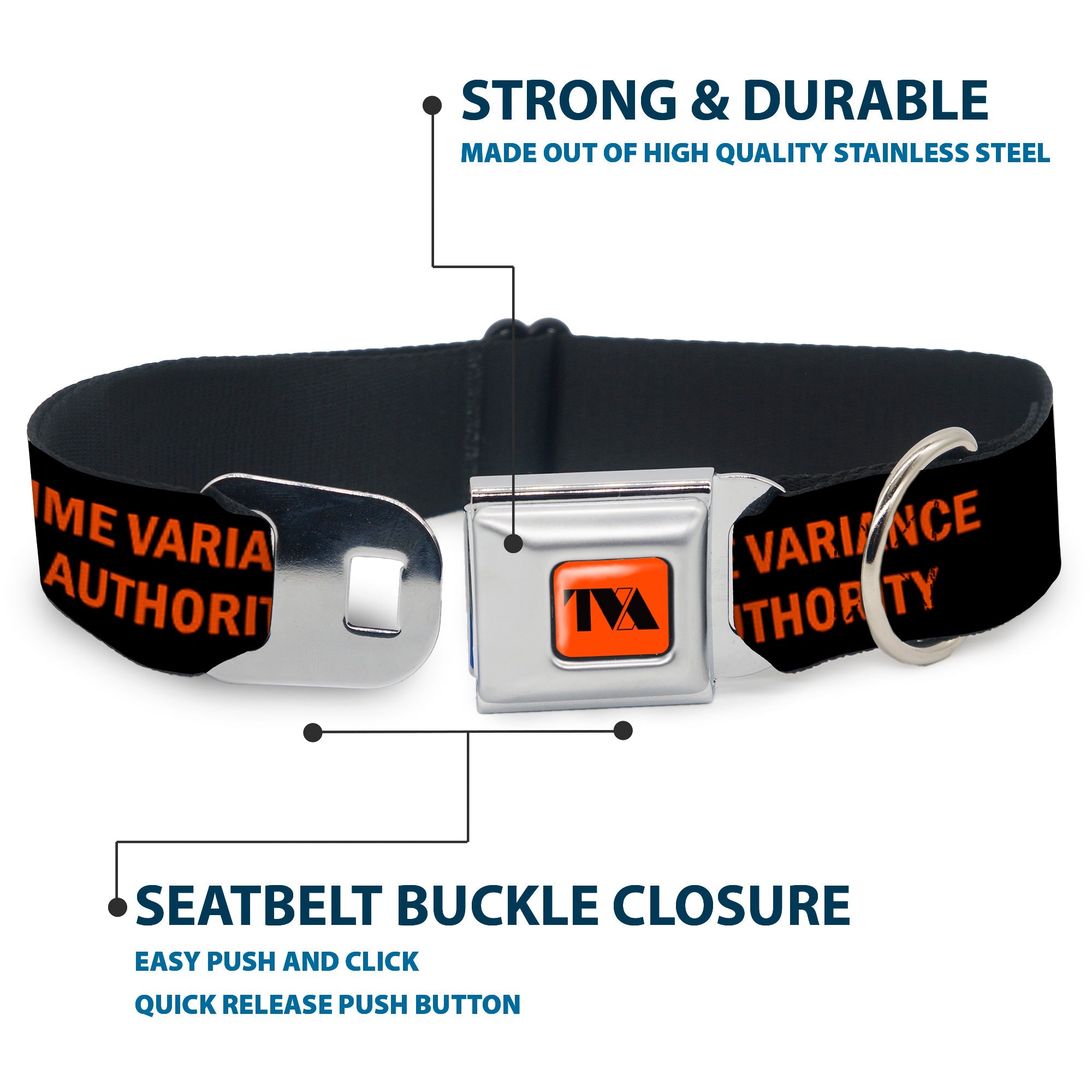 Loki Series TVA Time Variance Authority Logo Full Color Orange/Black Seatbelt Buckle Collar - Loki Series TVA TIME VARIANCE AUTHORITY Text Black/Orange