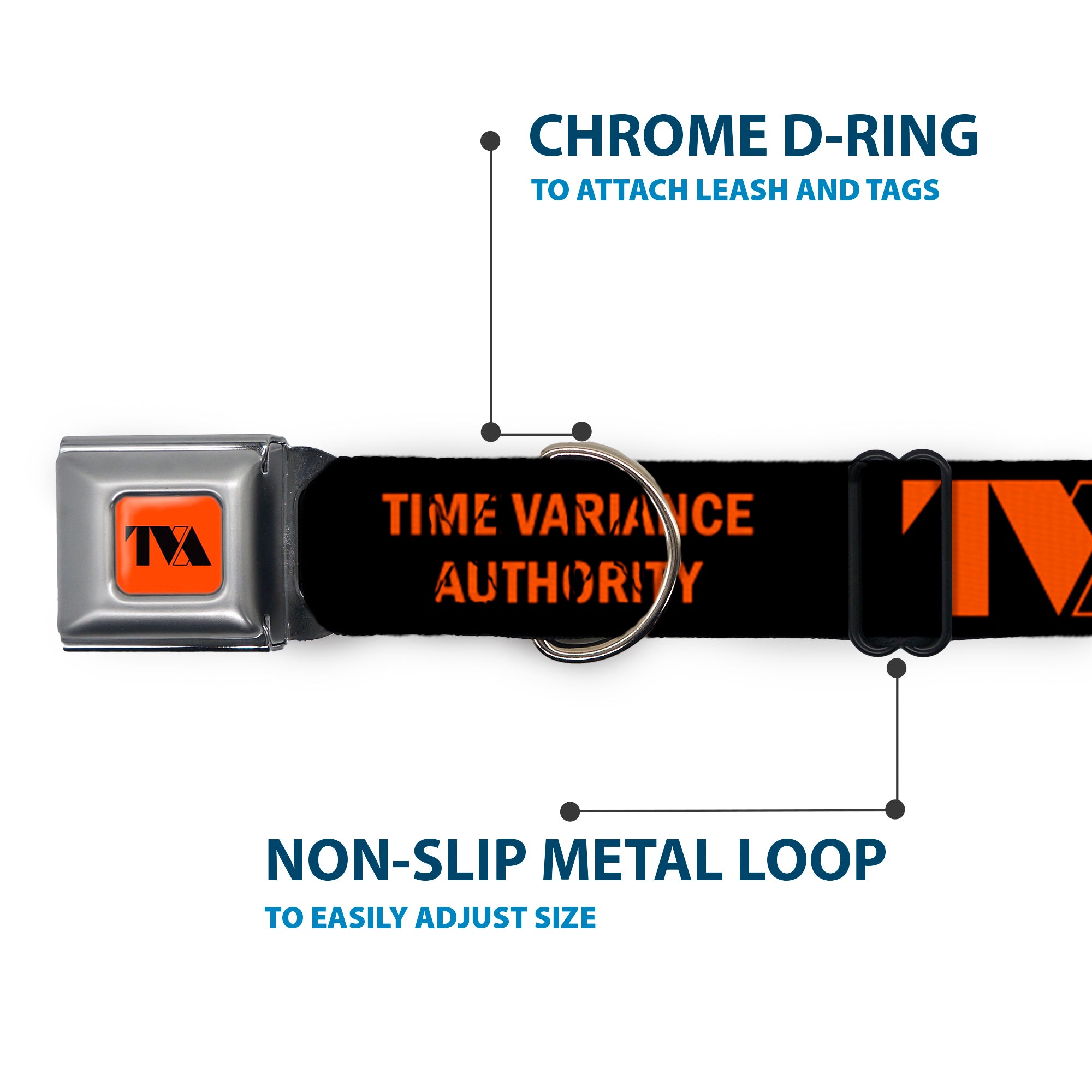 Loki Series TVA Time Variance Authority Logo Full Color Orange/Black Seatbelt Buckle Collar - Loki Series TVA TIME VARIANCE AUTHORITY Text Black/Orange