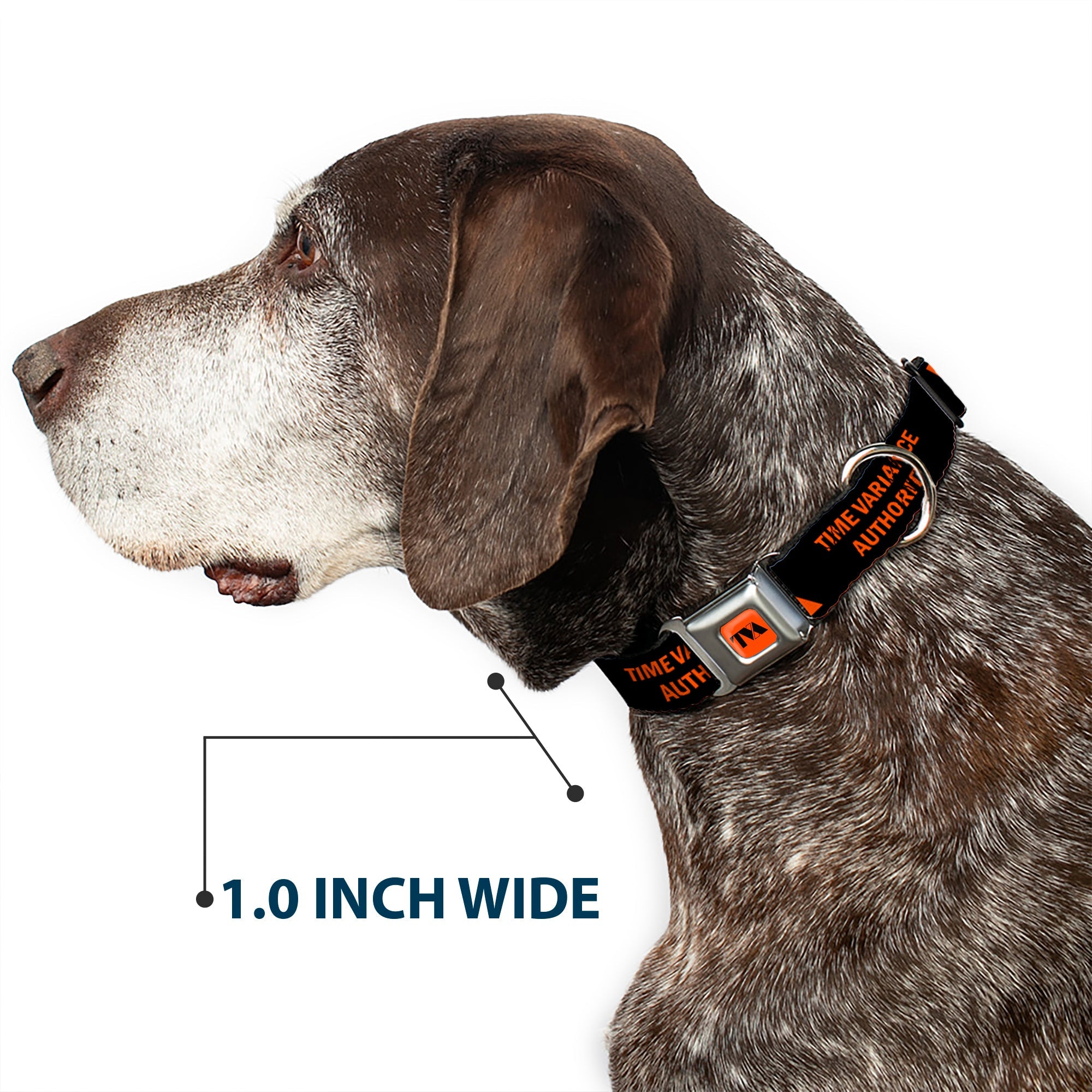 Loki Series TVA Time Variance Authority Logo Full Color Orange/Black Seatbelt Buckle Collar - Loki Series TVA TIME VARIANCE AUTHORITY Text Black/Orange