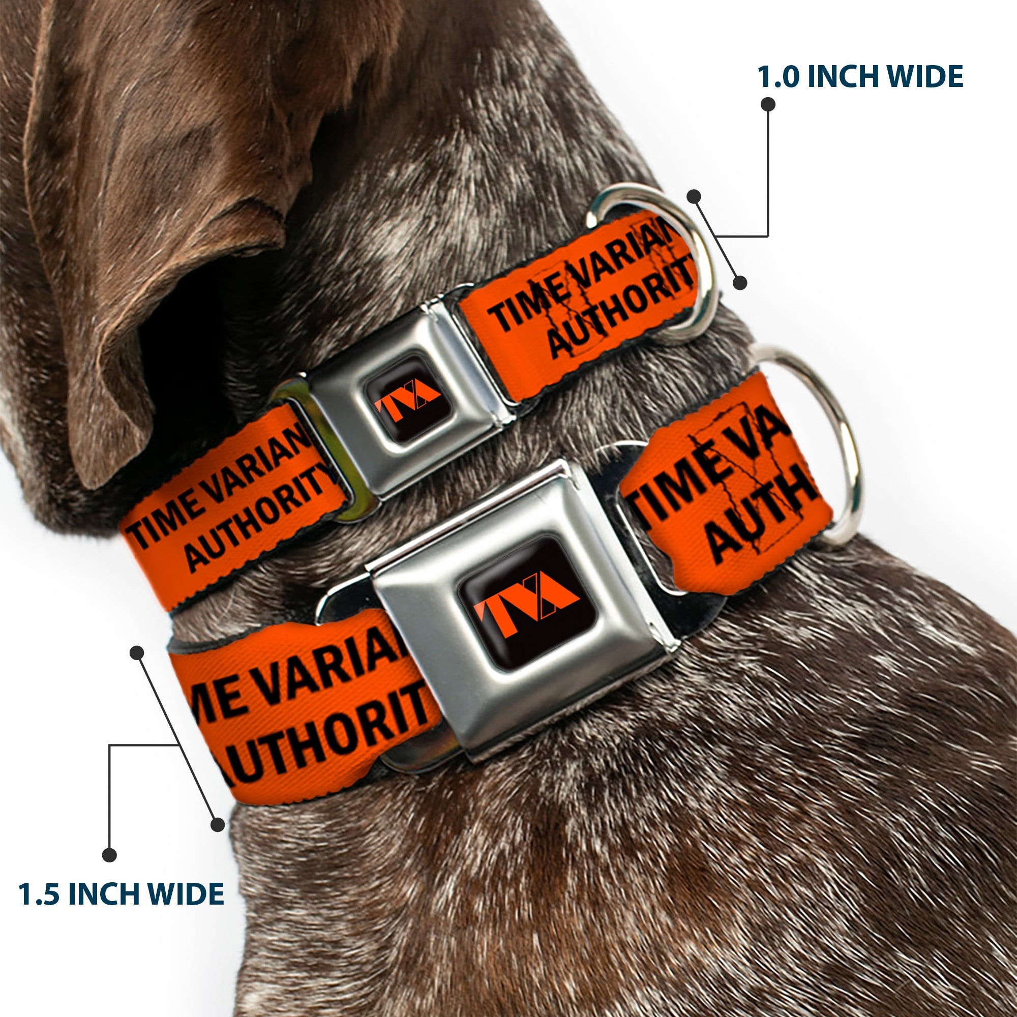 Loki Series TVA Time Variance Authority Logo Full Color Orange/Black Seatbelt Buckle Collar - Loki Series TVA TIME VARIANCE AUTHORITY Text Orange/Black