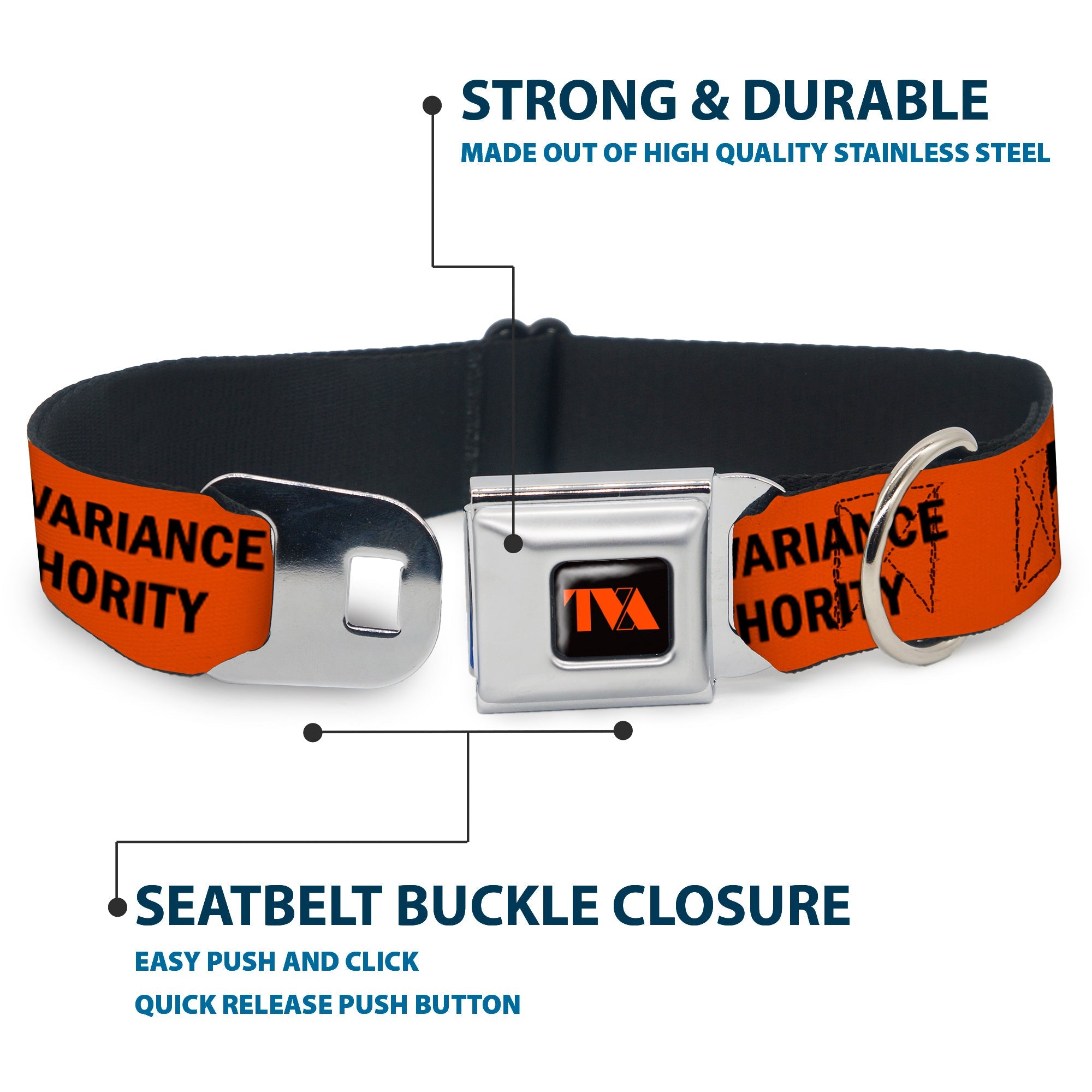 Loki Series TVA Time Variance Authority Logo Full Color Orange/Black Seatbelt Buckle Collar - Loki Series TVA TIME VARIANCE AUTHORITY Text Orange/Black