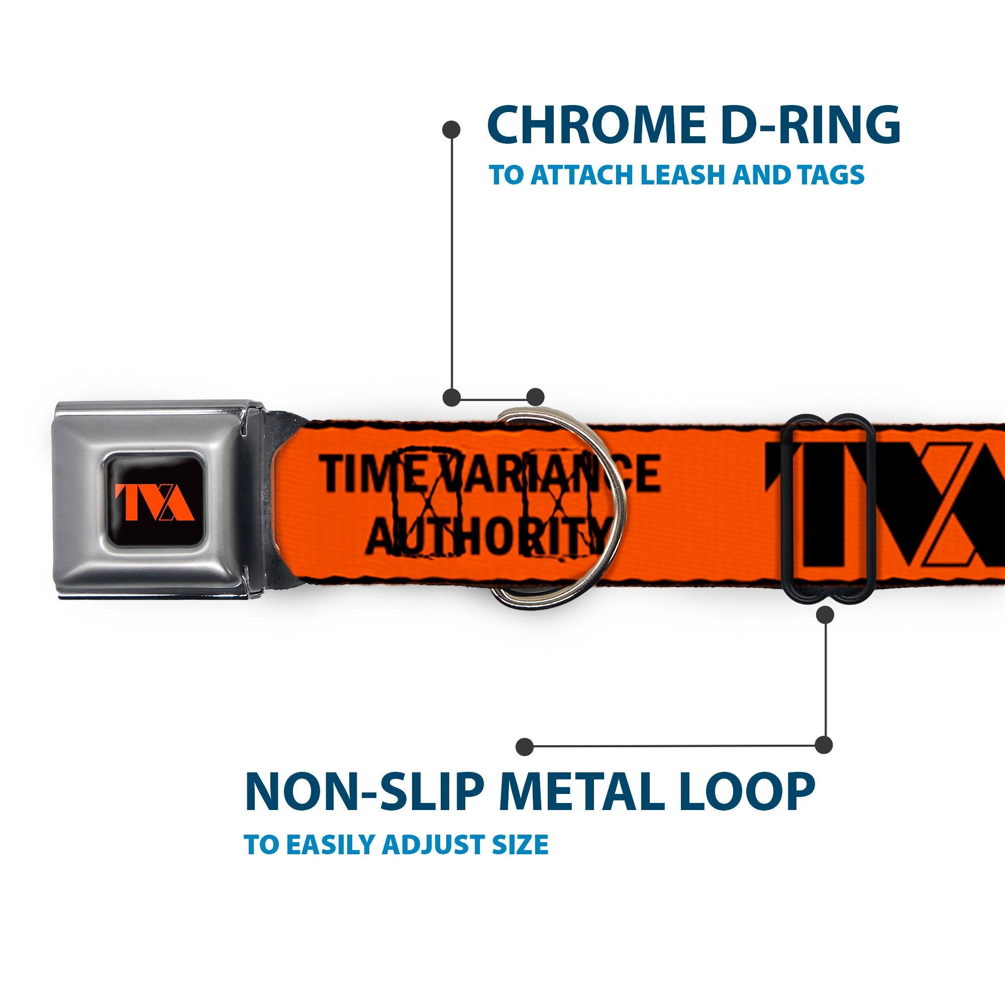 Loki Series TVA Time Variance Authority Logo Full Color Orange/Black Seatbelt Buckle Collar - Loki Series TVA TIME VARIANCE AUTHORITY Text Orange/Black