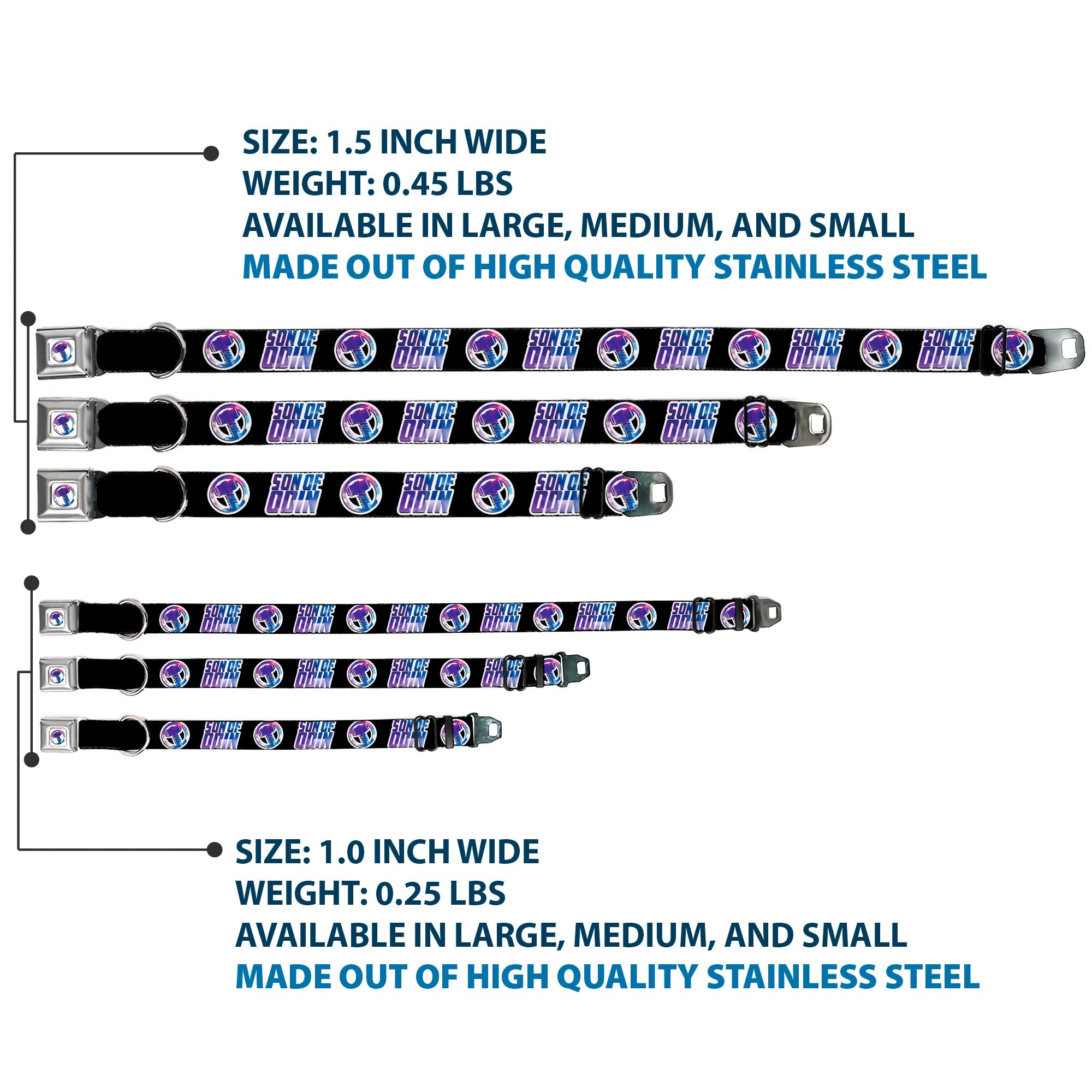 Thor Hamer Icon Full Color White/Blues Seatbelt Buckle Collar - Thor SON OF ODIN/Hamner Icon Black/White/Blues