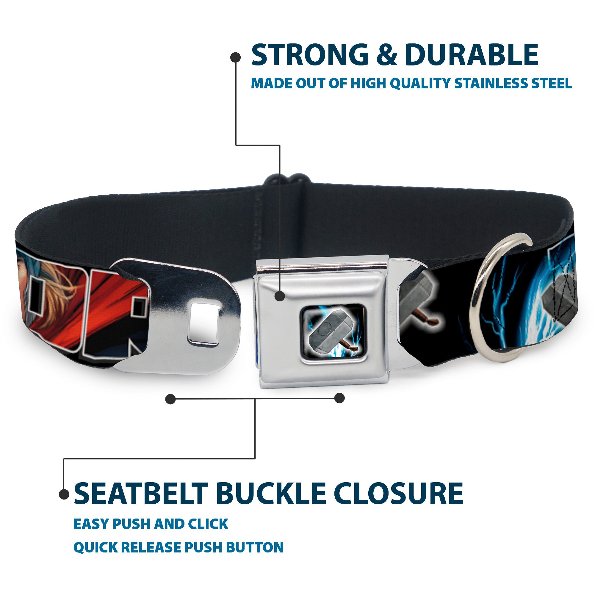 MARVEL AVENGERS Thors Hammer Full Color Seatbelt Buckle Collar - THOR Poses/Hammer