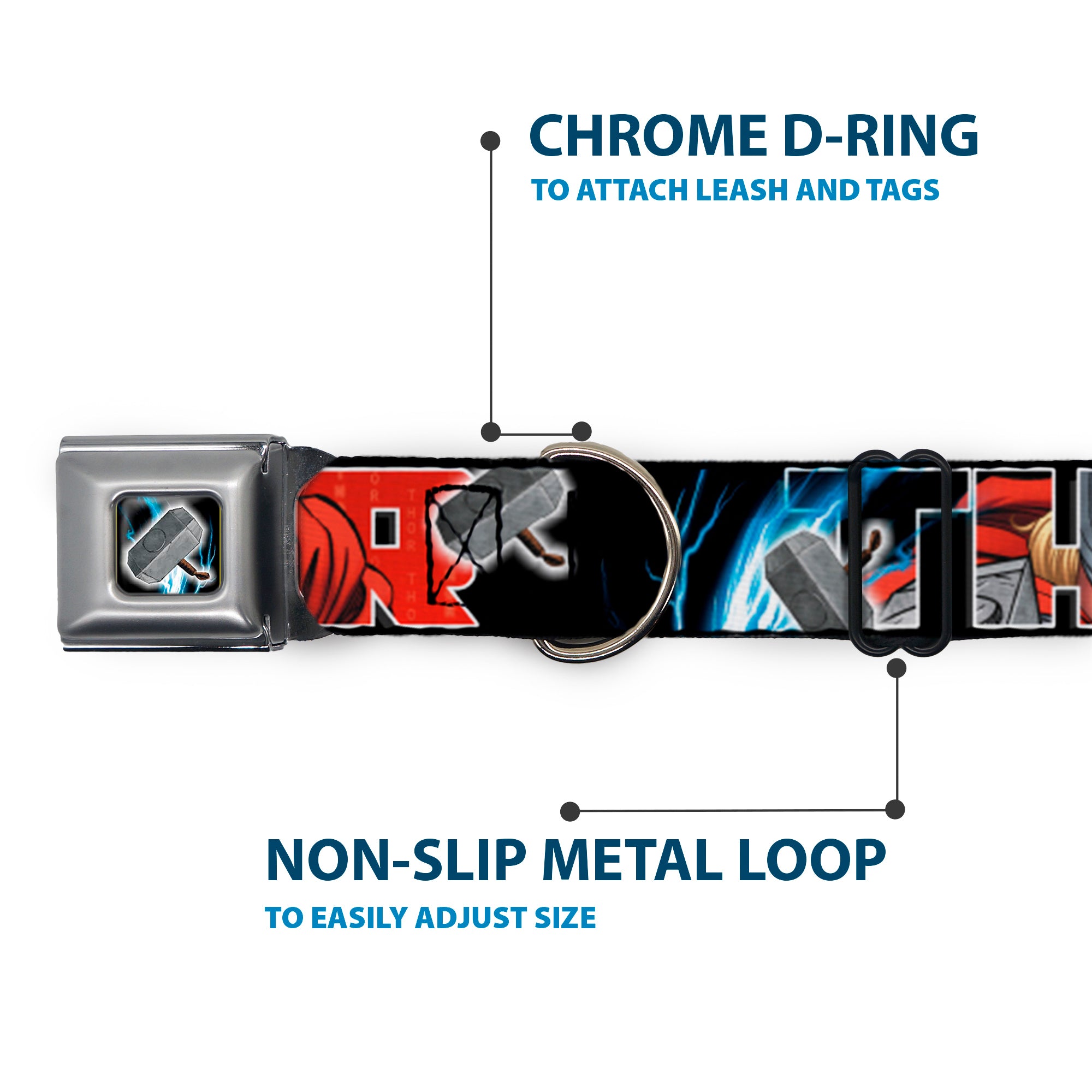 MARVEL AVENGERS Thors Hammer Full Color Seatbelt Buckle Collar - THOR Poses/Hammer