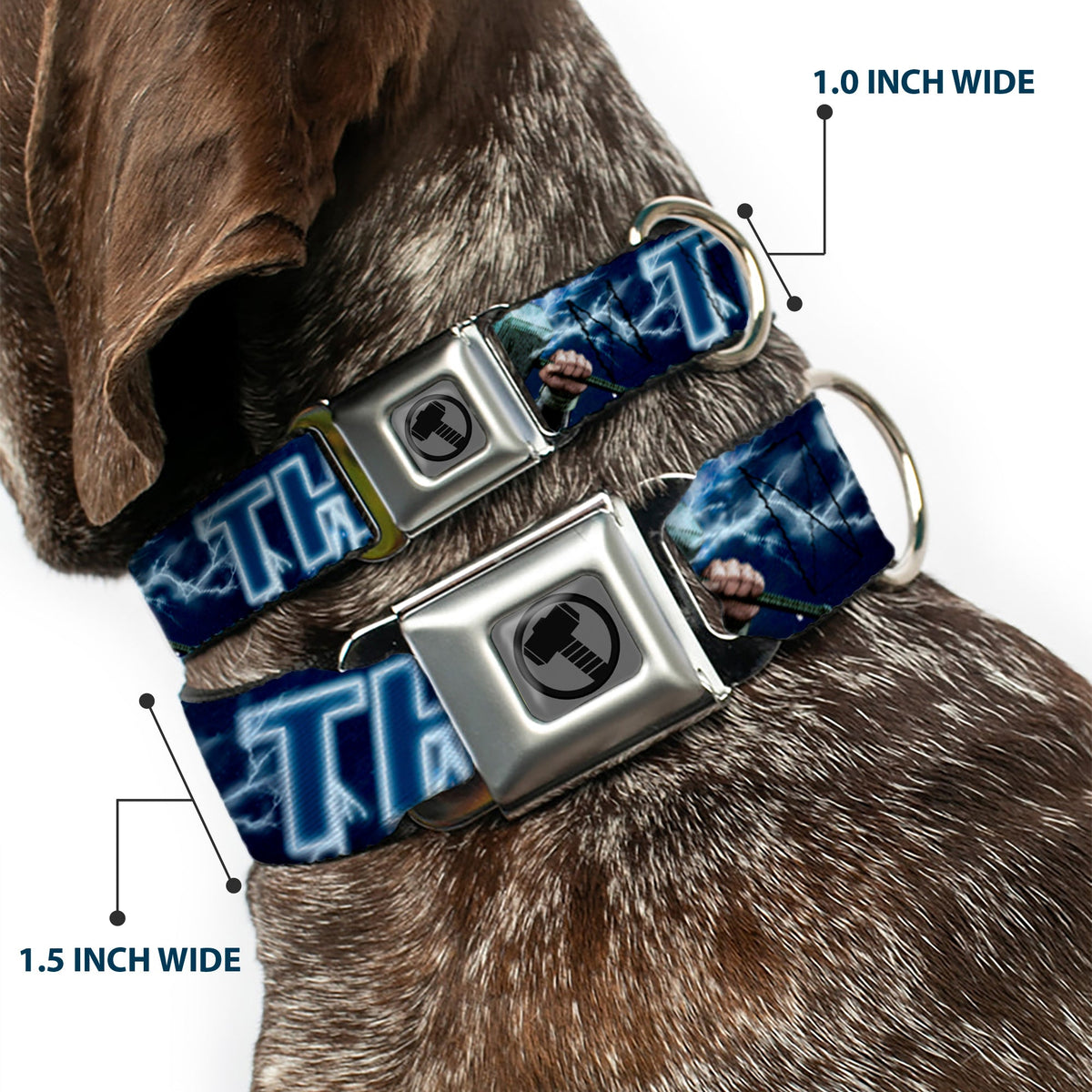 Thor Avengers Icon Silver/Black Seatbelt Buckle Collar - Avengers THOR Hammer/Action Pose Galaxy Blues/White