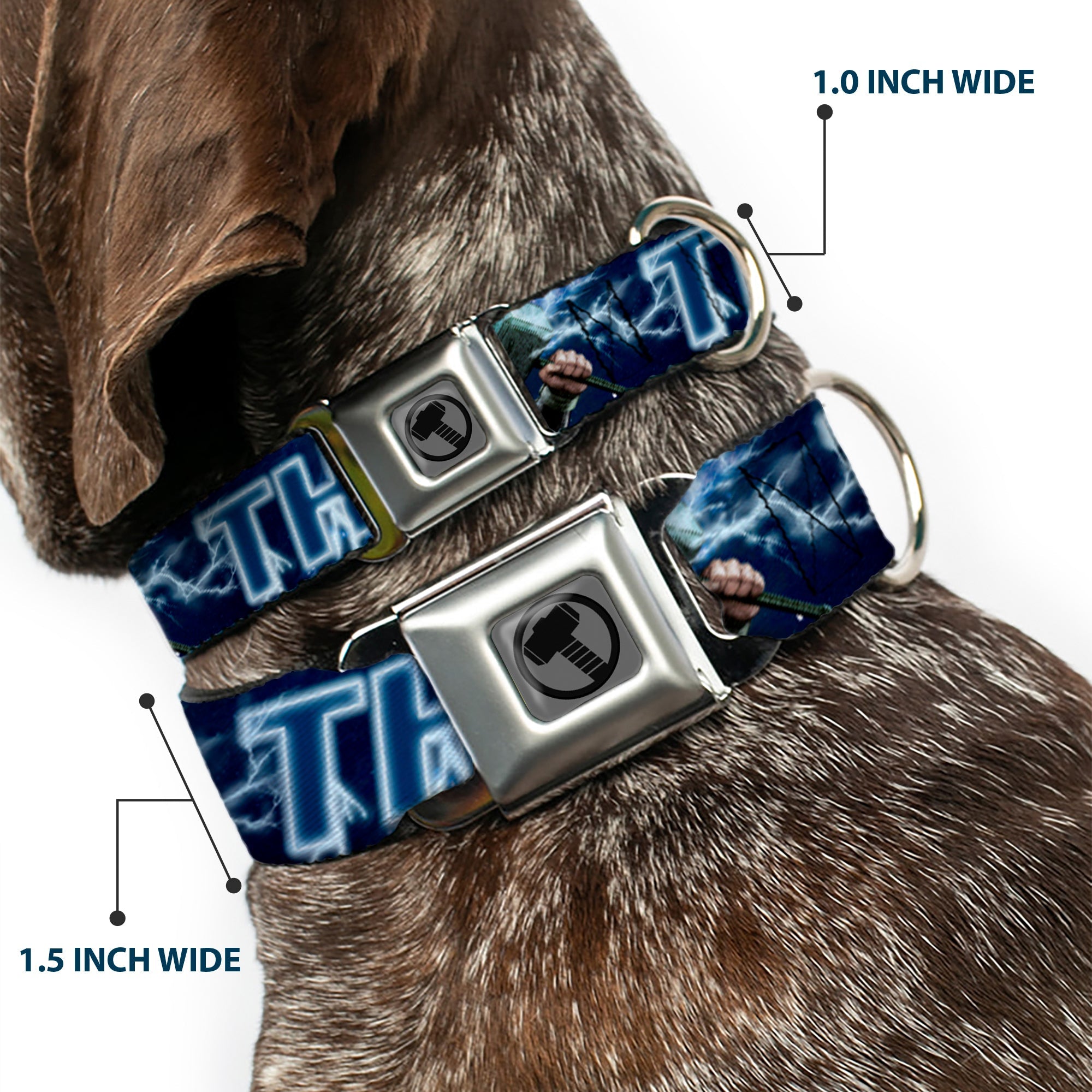 Thor Avengers Icon Silver/Black Seatbelt Buckle Collar - Avengers THOR Hammer/Action Pose Galaxy Blues/White