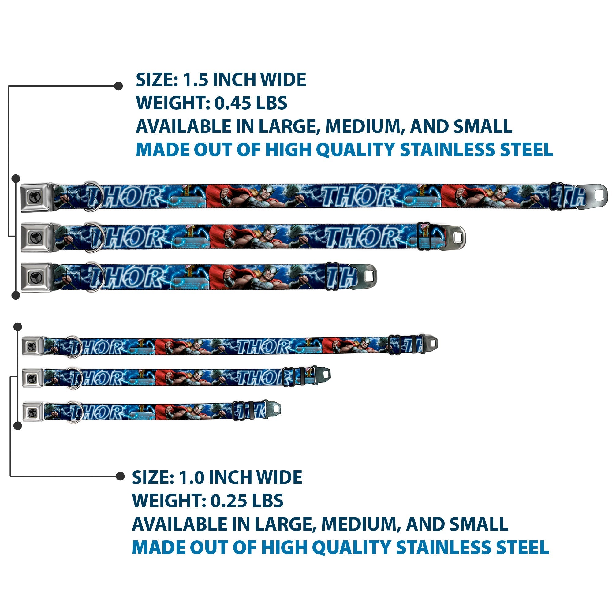 Thor Avengers Icon Silver/Black Seatbelt Buckle Collar - Avengers THOR Hammer/Action Pose Galaxy Blues/White