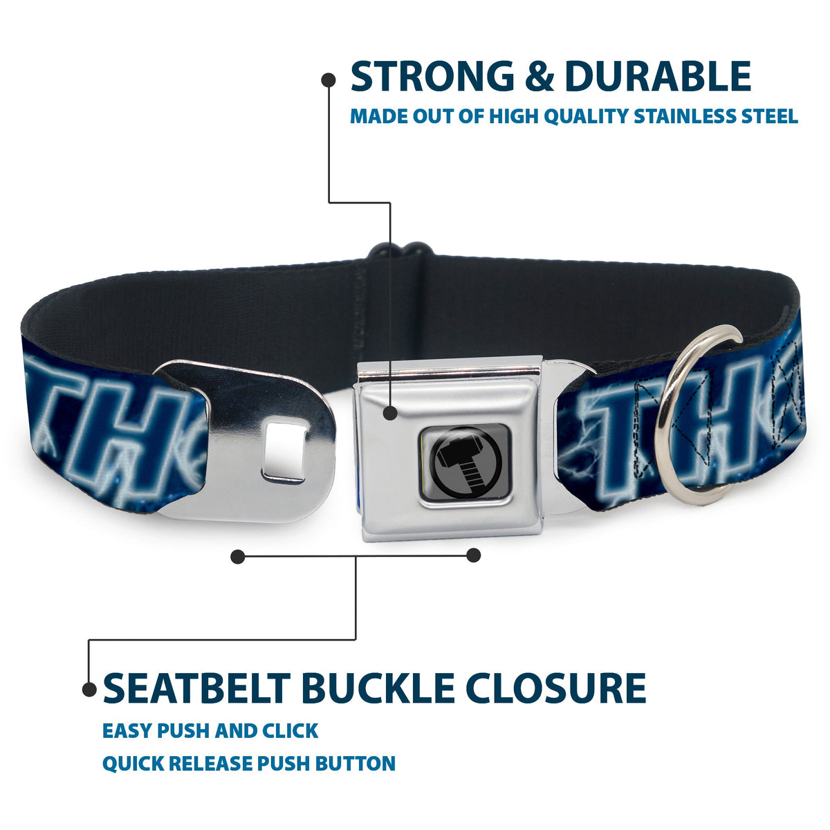 Thor Avengers Icon Silver/Black Seatbelt Buckle Collar - Avengers THOR Hammer/Action Pose Galaxy Blues/White
