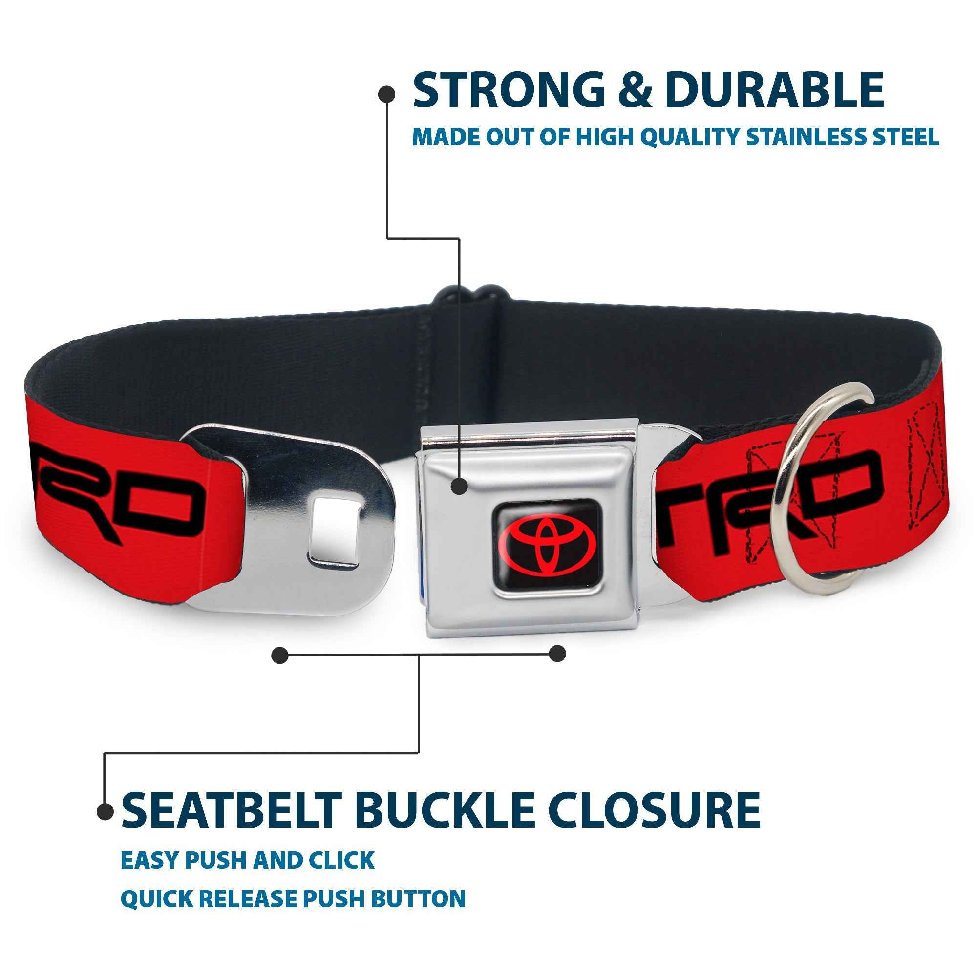 Buckle-Down Toyota Logo Full Color Black/Red Seatbelt Buckle Dog Collar - Toyota Racing Development TRD Logo Red/Black