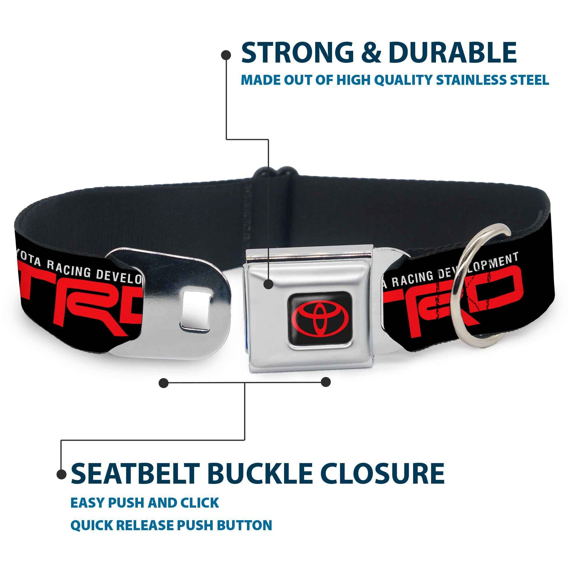 Buckle-Down Toyota Logo Full Color Black/Red Seatbelt Buckle Dog Collar - Toyota Racing Development TRD Logo Black/White/Red