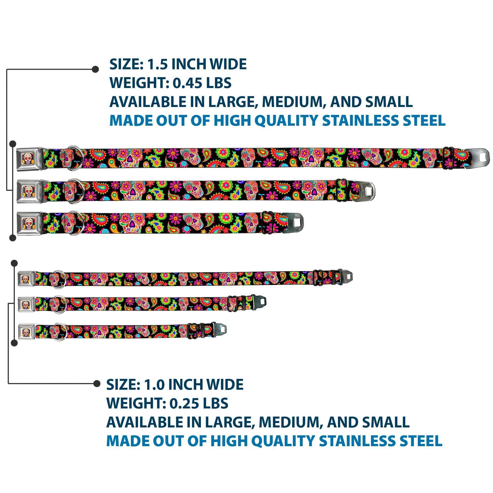 Buckle-Down Sugar Skull Starburst Full Color Black/Multicolor Seatbelt Buckle Dog Collar - Bobo Sugar Skull/Paisley Black/Multicolor