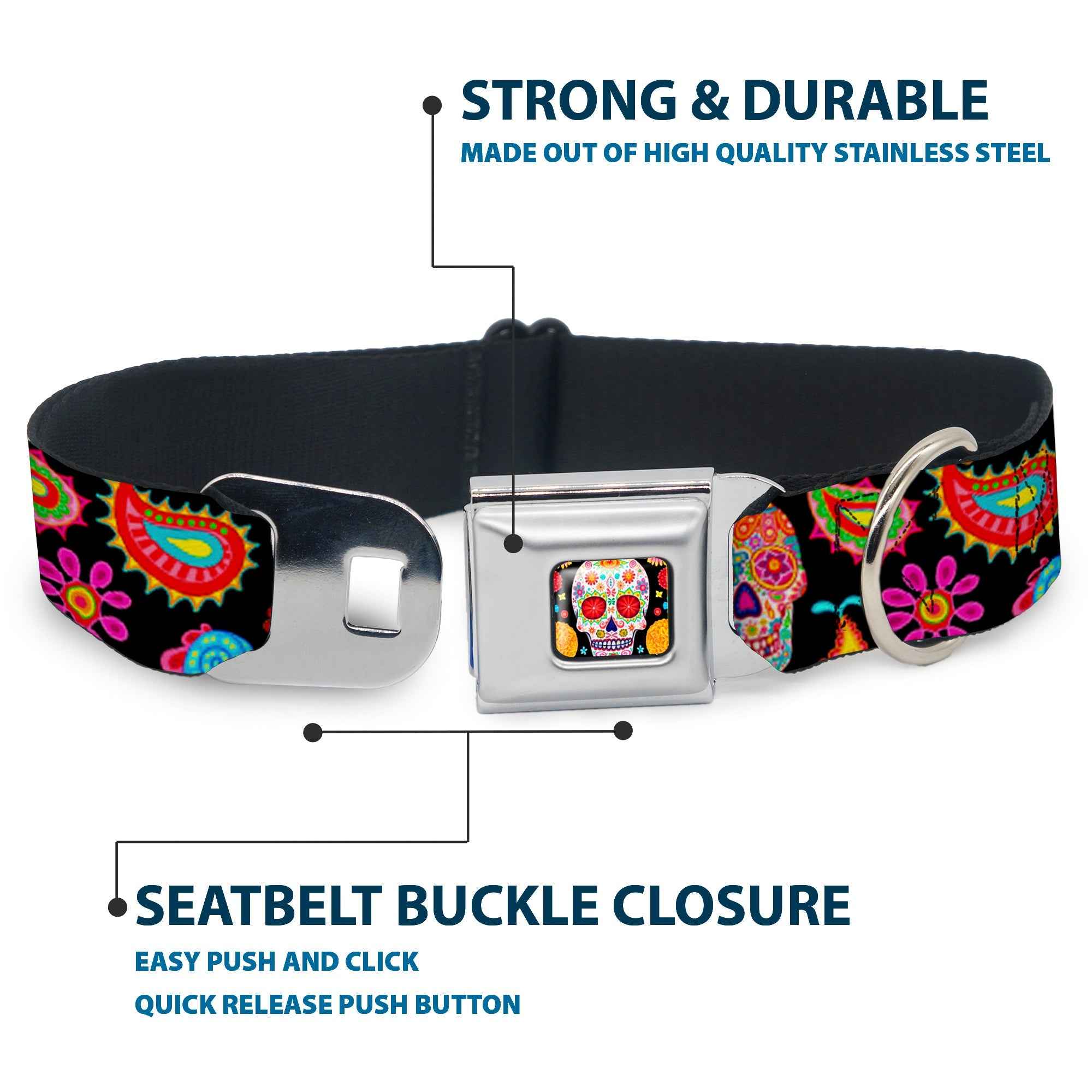 Buckle-Down Sugar Skull Starburst Full Color Black/Multicolor Seatbelt Buckle Dog Collar - Bobo Sugar Skull/Paisley Black/Multicolor