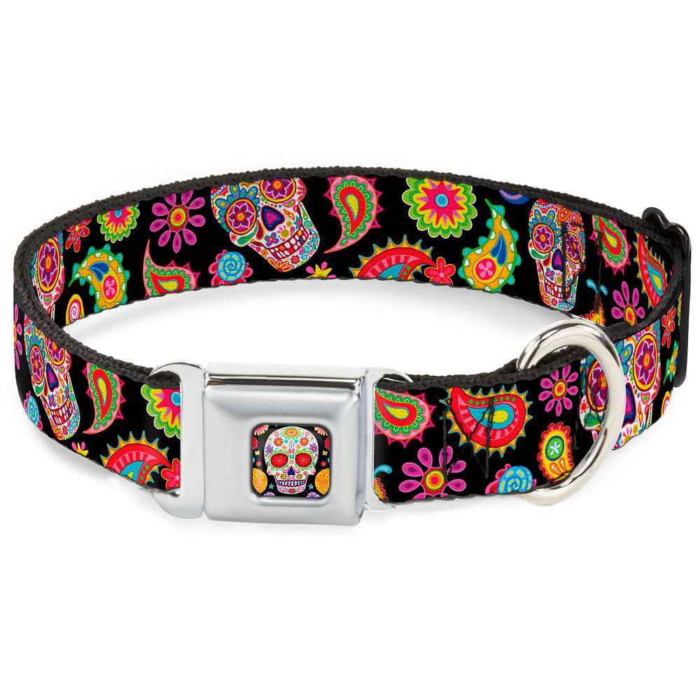 Buckle-Down Sugar Skull Starburst Full Color Black/Multicolor Seatbelt Buckle Dog Collar - Bobo Sugar Skull/Paisley Black/Multicolor
