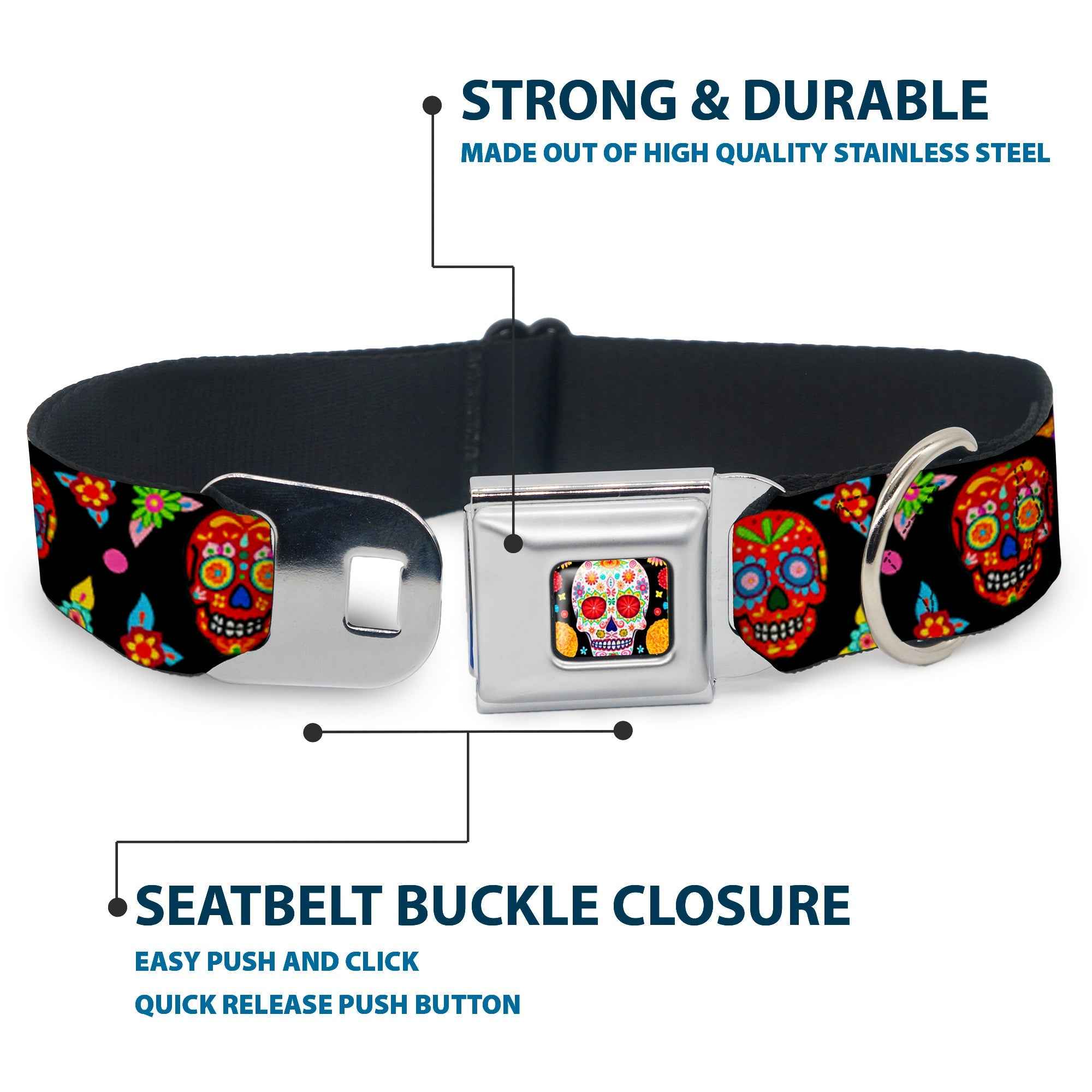 Buckle-Down Sugar Skull Starburst Full Color Black/Multicolor Seatbelt Buckle Dog Collar - Colorful Calaveras Black/Multicolor