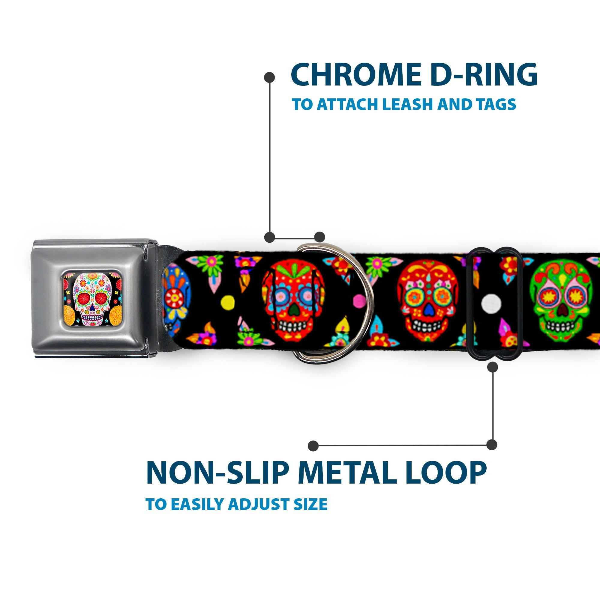 Buckle-Down Sugar Skull Starburst Full Color Black/Multicolor Seatbelt Buckle Dog Collar - Colorful Calaveras Black/Multicolor