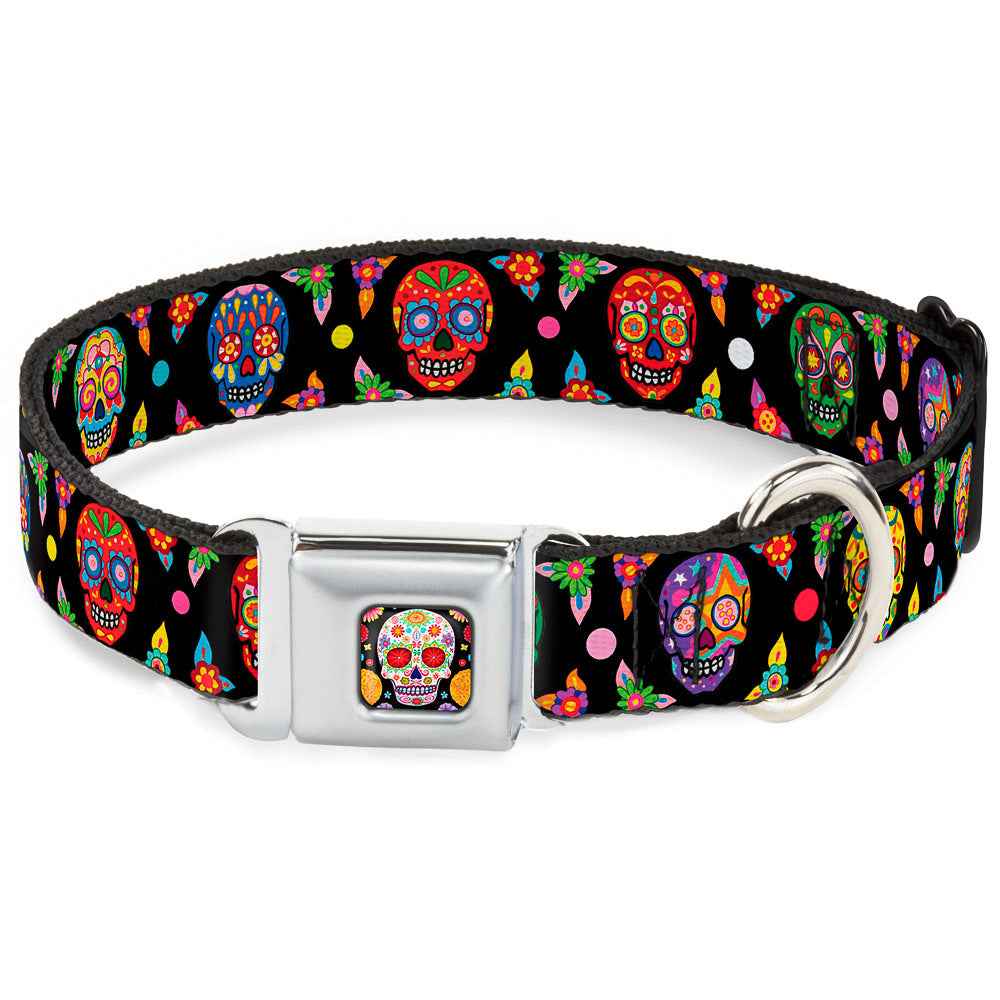 Buckle-Down Sugar Skull Starburst Full Color Black/Multicolor Seatbelt Buckle Dog Collar - Colorful Calaveras Black/Multicolor