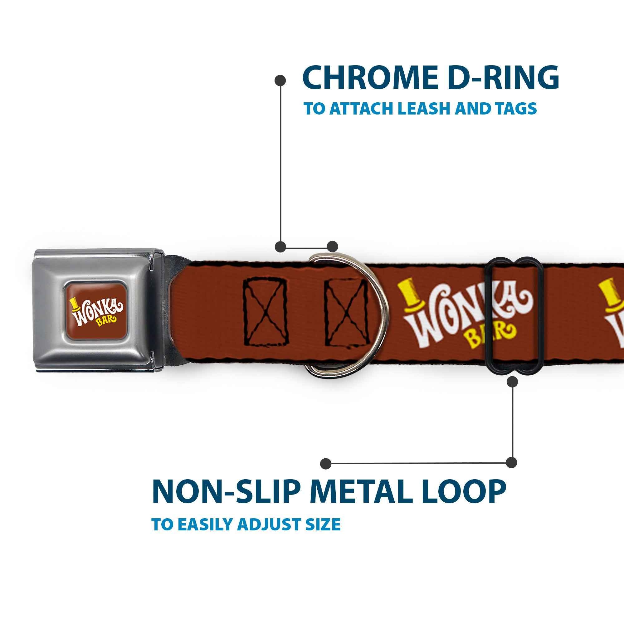 Buckle-Down Willy Wonka and the Chocolate Factory Wonka Bar Logo & Brown/Yellow/White Seatbelt Buckle Dog Collar