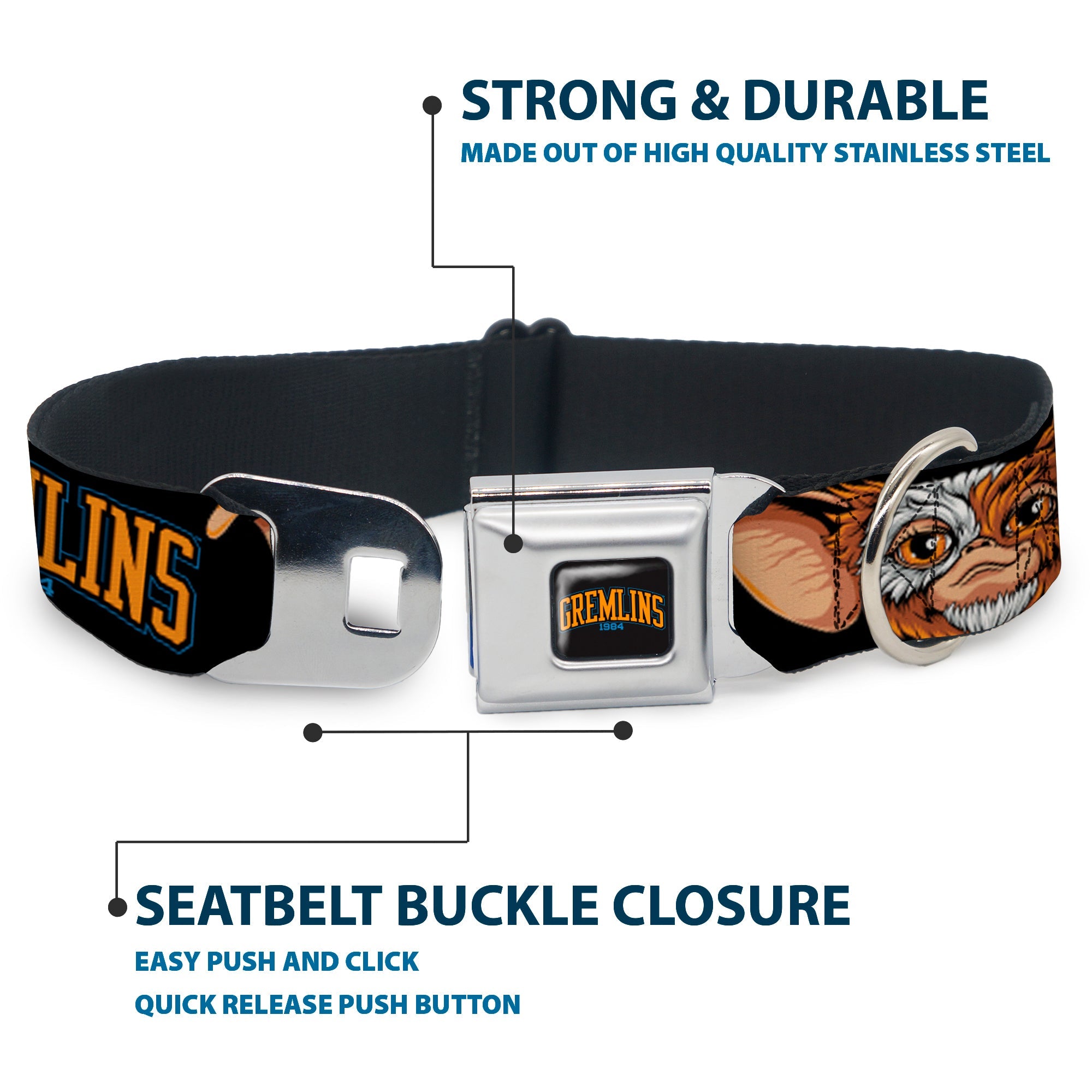 Buckle-Down Gremlins 1984 Title Logo Full Color Black/Blue/Orange Seatbelt Buckle Dog Collar - Gremlins 1984 Gizmo Face Close-Up Black