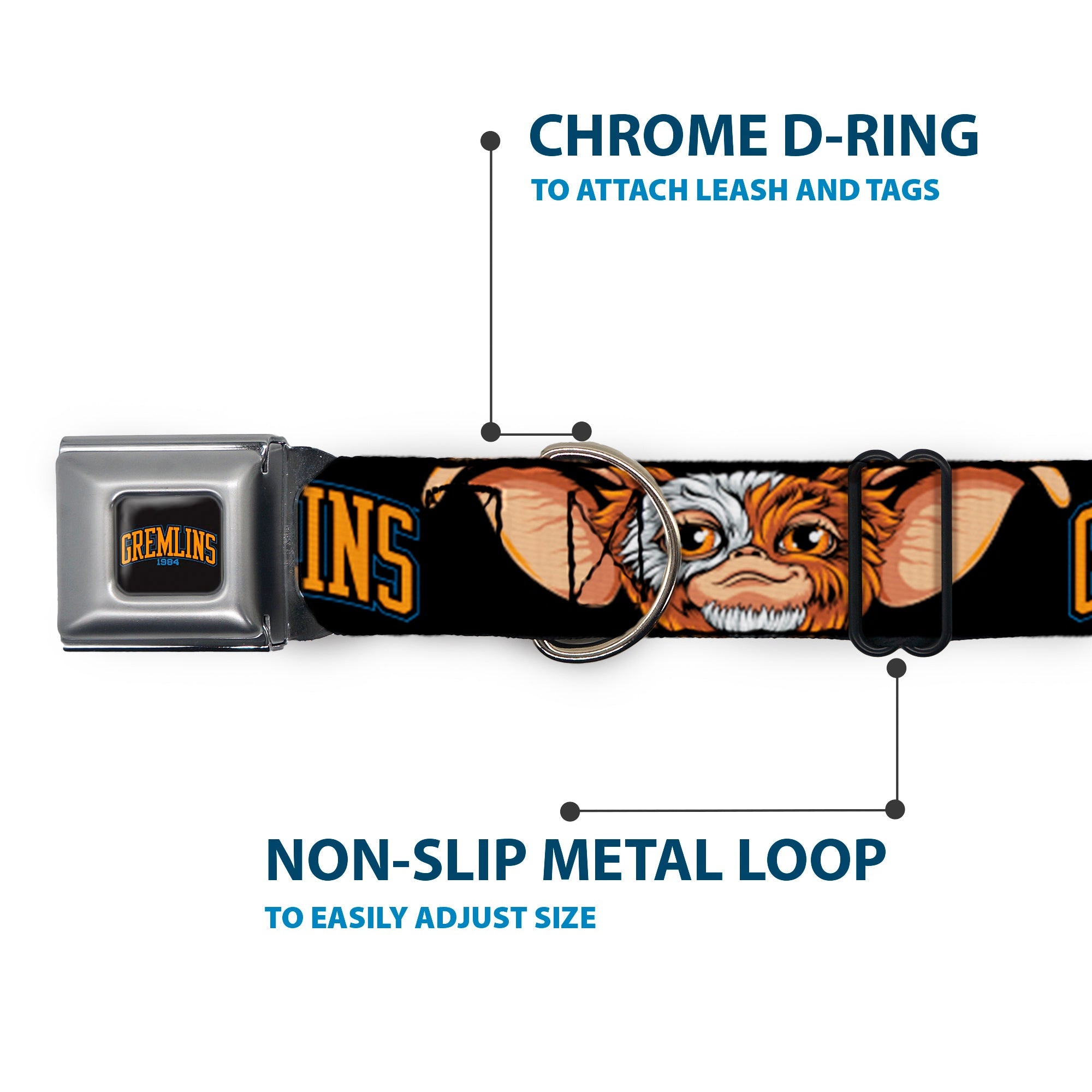 Buckle-Down Gremlins 1984 Title Logo Full Color Black/Blue/Orange Seatbelt Buckle Dog Collar - Gremlins 1984 Gizmo Face Close-Up Black
