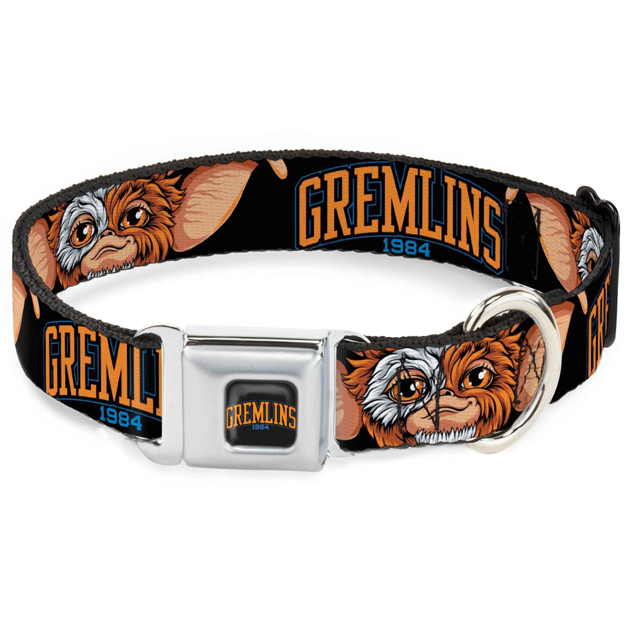 Buckle-Down Gremlins 1984 Title Logo Full Color Black/Blue/Orange Seatbelt Buckle Dog Collar - Gremlins 1984 Gizmo Face Close-Up Black